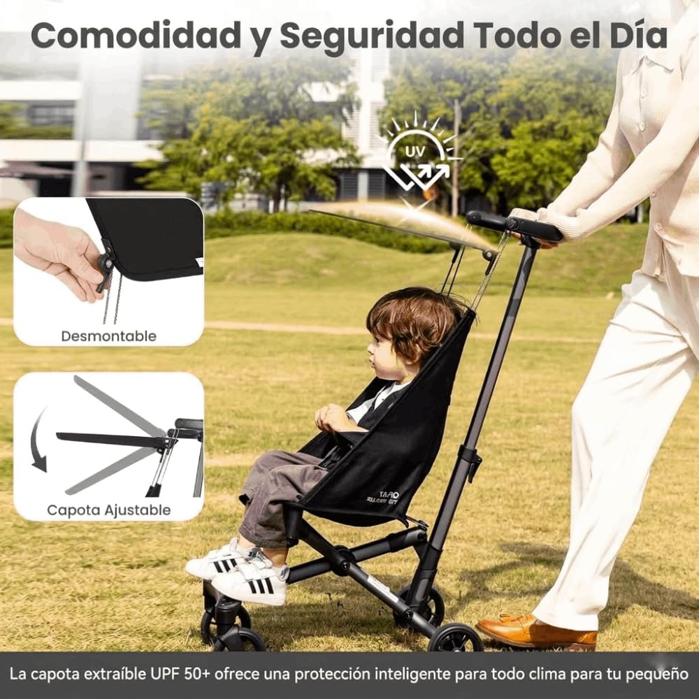 QPlay Silla de Paseo City Ultraligera | Carrito Plegable y Portátil 2.8 kg con Capota, Ruedas con Suspensión, Arnés de 5 Puntos y Marco de Aluminio | Para Niños de 6 a 36 Meses – 78x40.5x91 cm