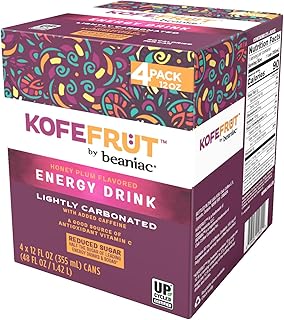 KOFEFRUT by beaniac Caffeinated Energy Drink, Honey Plum, Lightly Carbonated, Reduced Sugar, 80mg Caffeine, Polyphenols, Antioxidants, Vitamin C, 12 Fl Oz Can (Pack of 4)