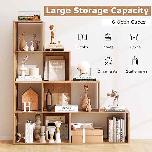 Miniatura 4 de Estantería de 4 niveles, estantería escalonada con 6 cubos de almacenamiento separados, estantes y estanterías de madera, estante de exhibición