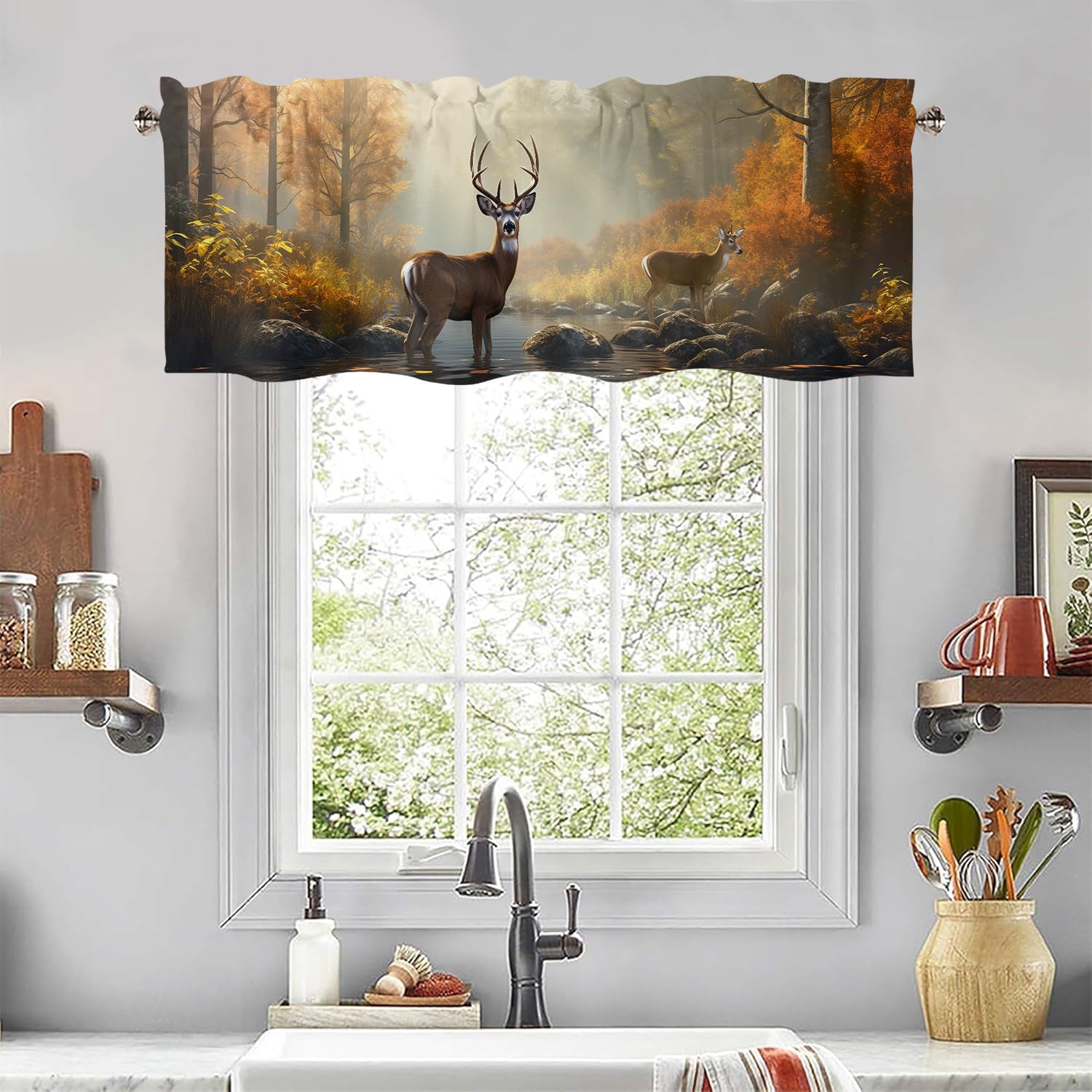 Rustic Cabin Deer Window Valances Vintage Country Fall Forest Lake Scenery Window Treatment Decor Curtains Rod Pocket Valances for Kitchen/Living Room 54x18inch, 2 Piece
