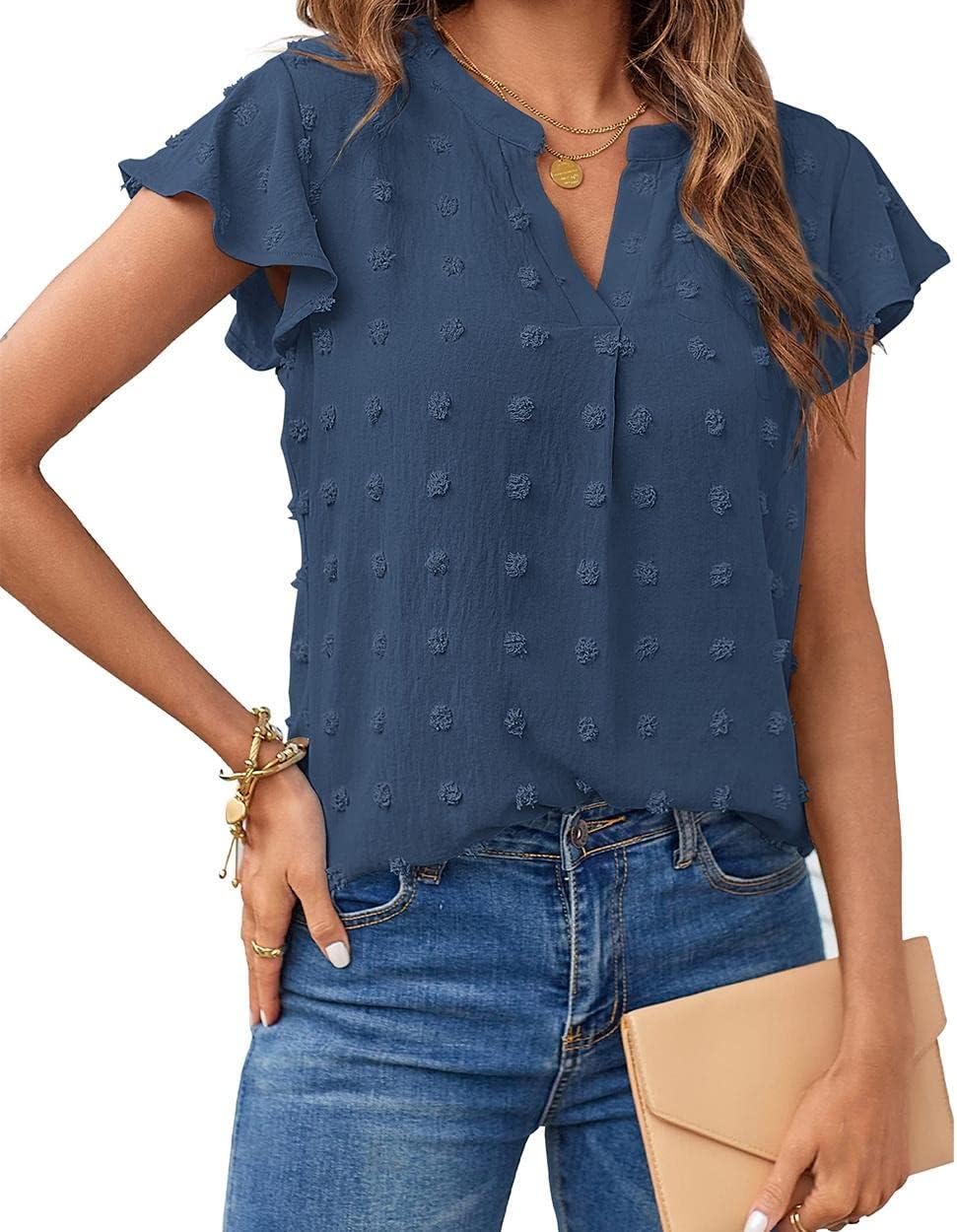 Daisy | Women's Printed V-Neck Ruffle Top Short Sleeve Blouse