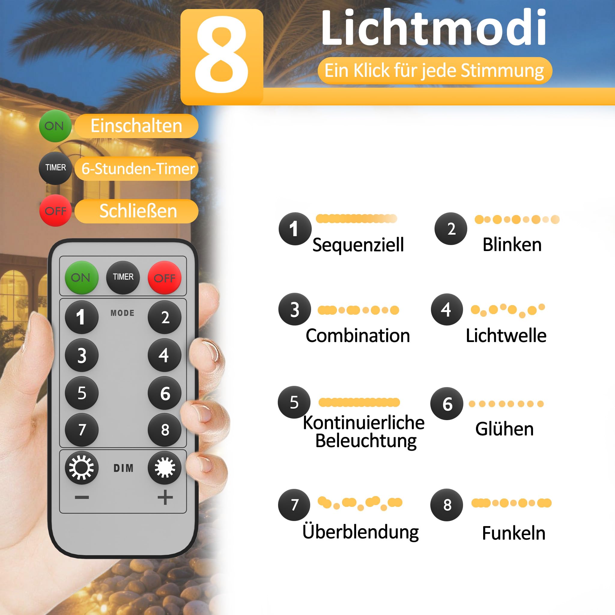 50 m, 500 diod LED, możliwość ściemniania, łańcuch świetlny LED z 8 trybami pracy i timerem, wąż zewnętrzny, klasa wodoszczelności IP44, Boże Narodzenie, oświetlenie dekoracyjne, oświetlenie