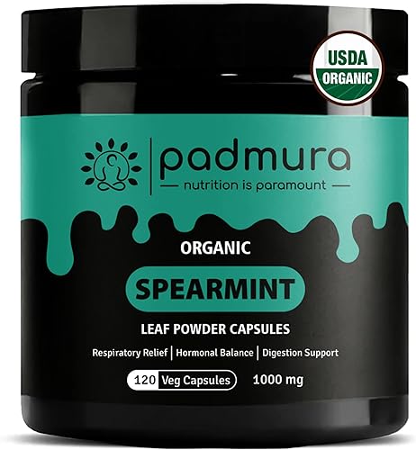 Cápsulas de polvo de menta verde orgánica de 1000 mg  Certificado orgánico USDA  Sin OMG  Sin gluten  Vegano - 120 cápsulas vegetales