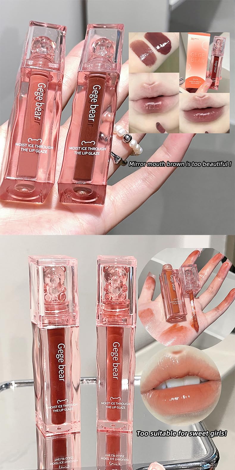 Gege Bear Moist Ice Through the Lip Glaze | Hydrating Watery Lip Gloss | High-Pigment, Long-Lasting Liquid Lip Color | Non-Sticky, Lightweight Lip Tint | Mirror Shine Gloss with Moisturizing Formula | Waterproof, Smudge-Proof Lip Glaze for Women | Korean Beauty Vibrant Lip Makeup 3g (#5, 3g) 4