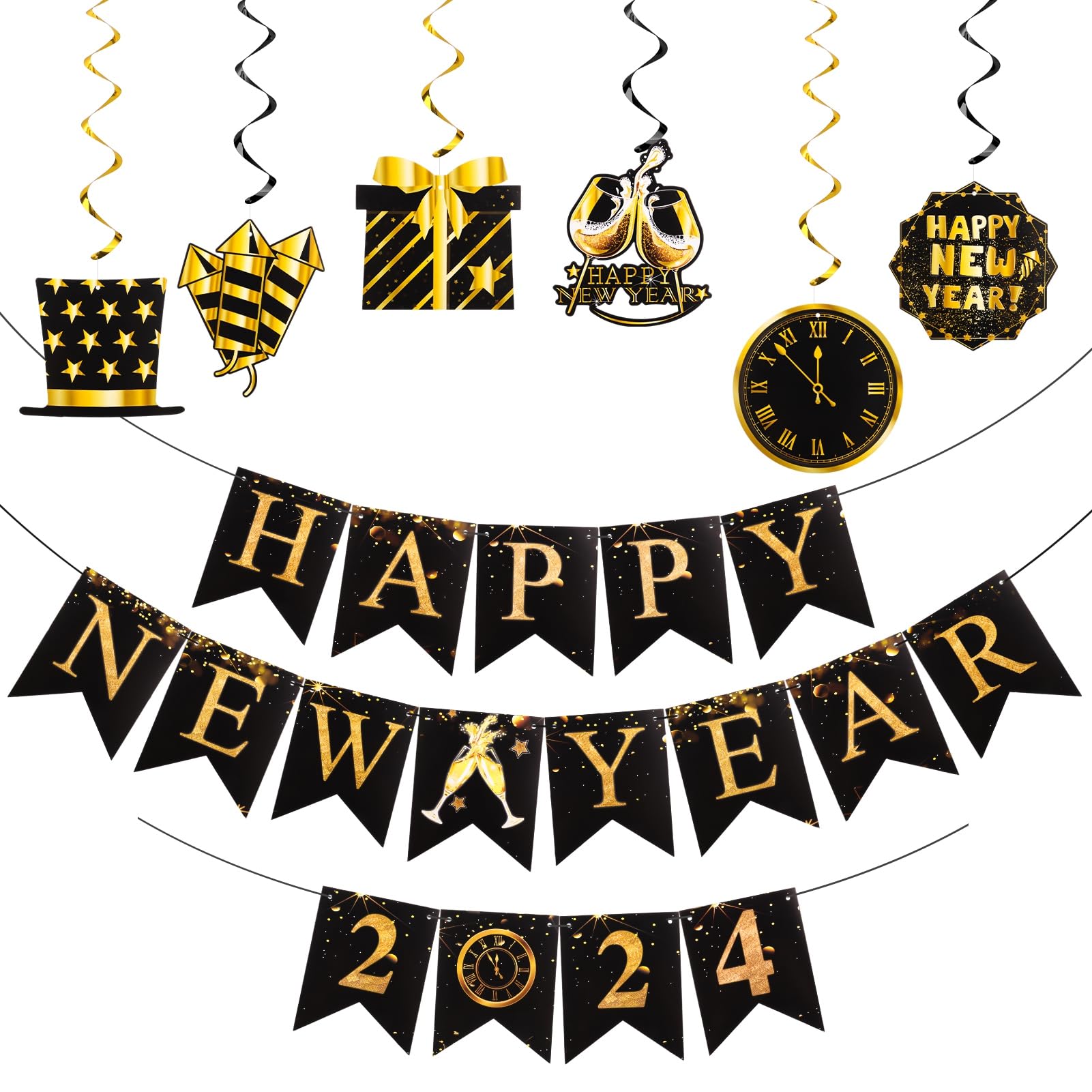 Fuyamp 2024 New Year Banner Decoration, 10 Pcs Happy New Year Hanging Foil Swirl Supplies, Gold & Black New Year Eve Decorations 2024 for New Years Eve Party Decor
