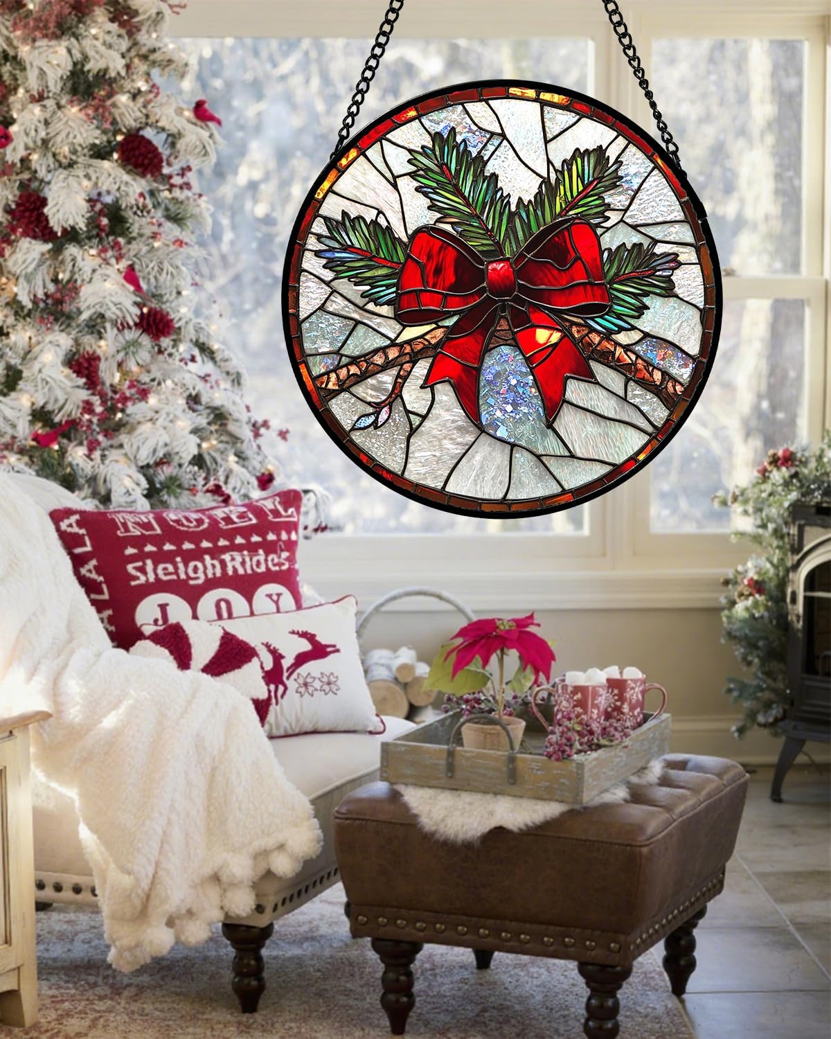 Stained Glass Window Hanging - Pine Branches Red Bow Suncatcher for Doors Home Christmas Decoration Silver Sun Catcher Thanksgiving New Year Birthday Gifts for Women Men Mom Nana 15 in