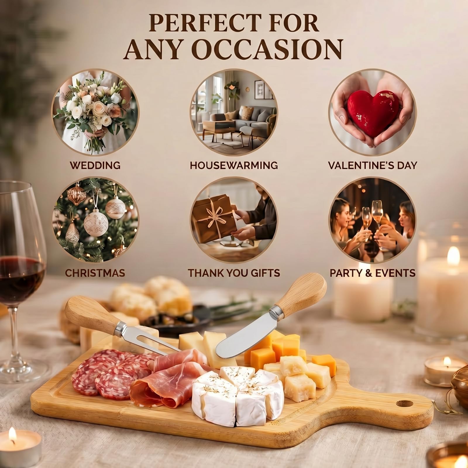 Ziliny Set di 2 taglieri quadrati in legno per formaggi, set regalo con coltelli, forchette e etichette di ringraziamento con scatola per gli ospiti per San Valentino, addio al nubilato, baby shower,