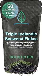 Holistic Bin Triple Icelandic Seaweed Flakes - Organic Red Dulse, Nori & Sea Lettuce | Iodine-Rich Vegan Flakes for Miso Soup, Salads | 50g
