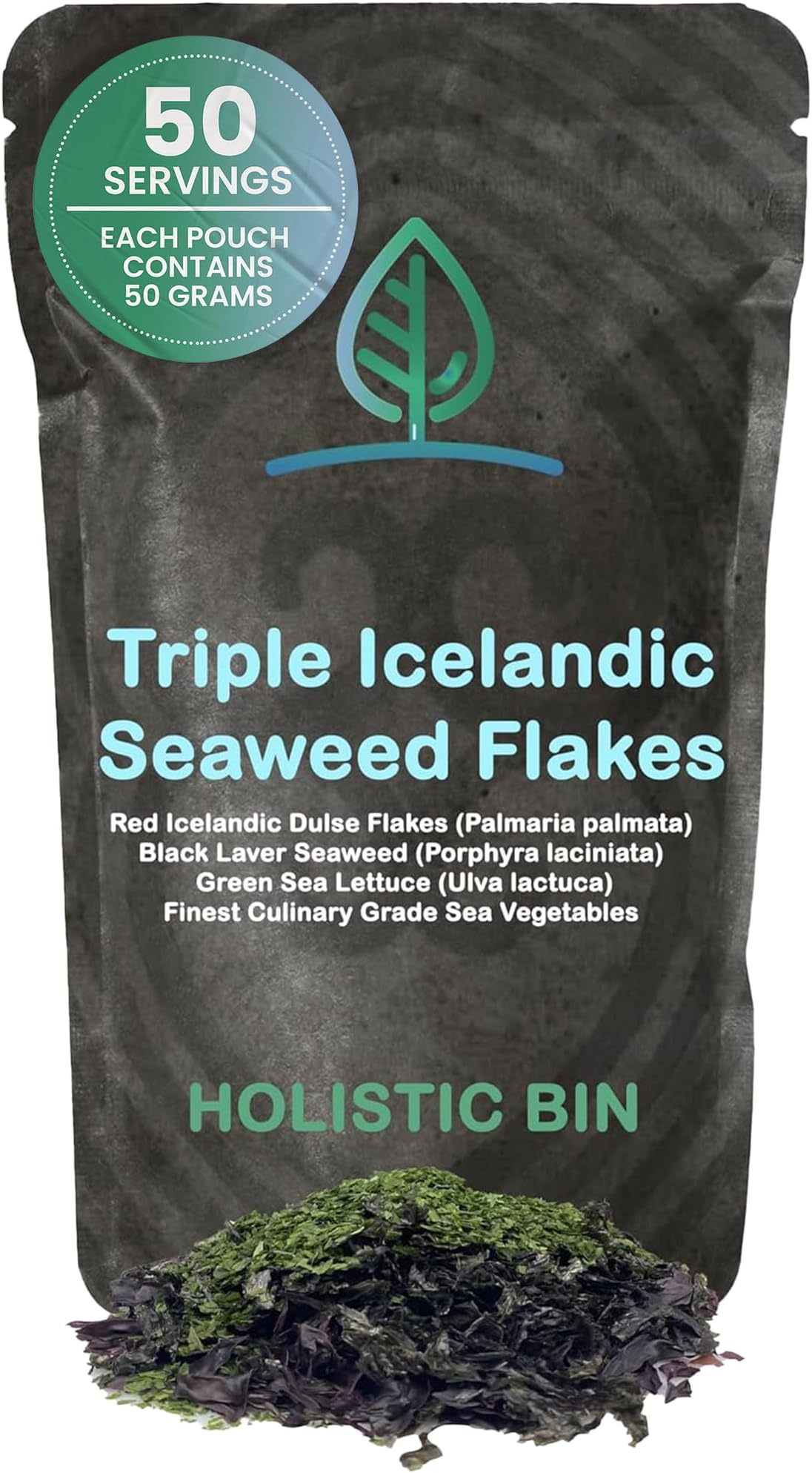 Holistic Bin Triple Icelandic Seaweed Flakes | Wild Harvested in Iceland | Organic Red Atlantic Dulse, Black Nori, & Green Sea Lettuce | Dried Seaweed Flake for Miso Soup, Salads | Iodine Rich | 50g