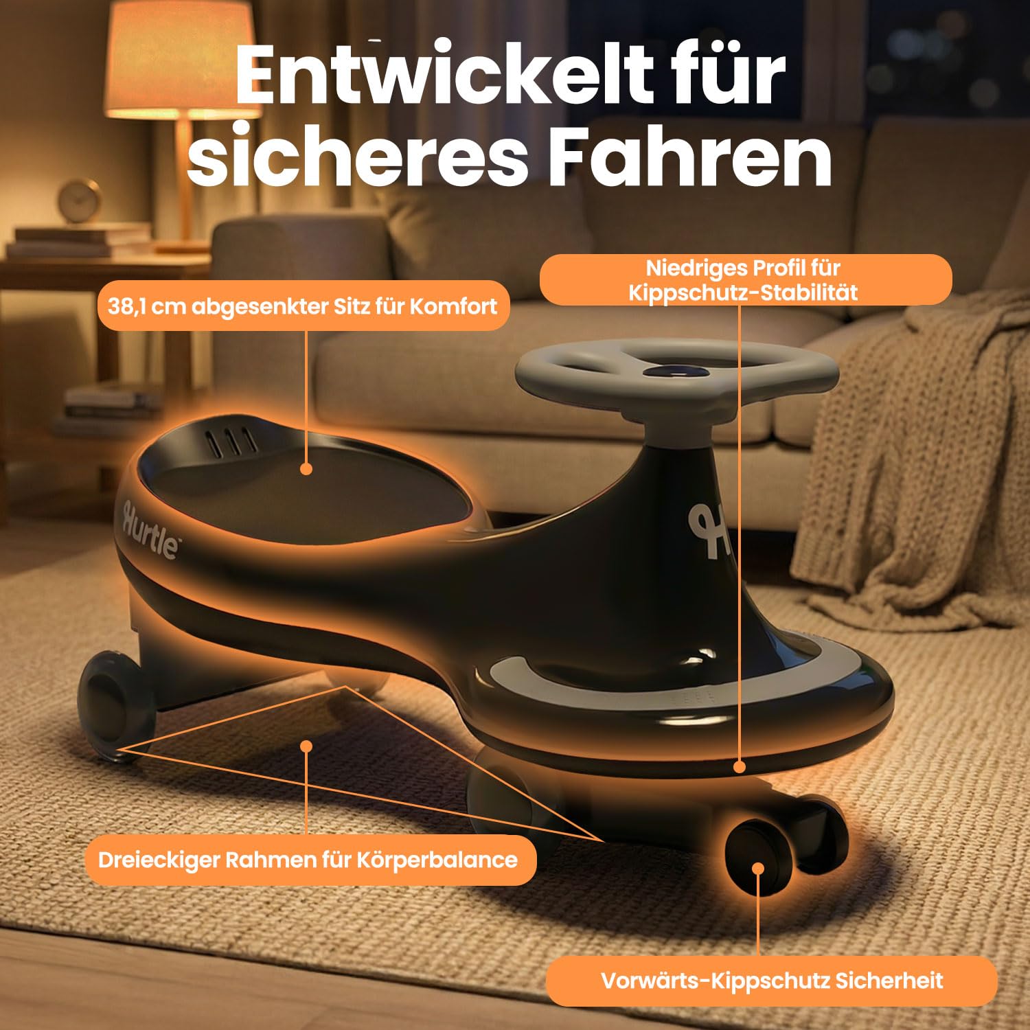 Hurtle Rutschauto Indoor Wiggle Drift Car für Kinder — fördert Motorik & Balance | Schwarz