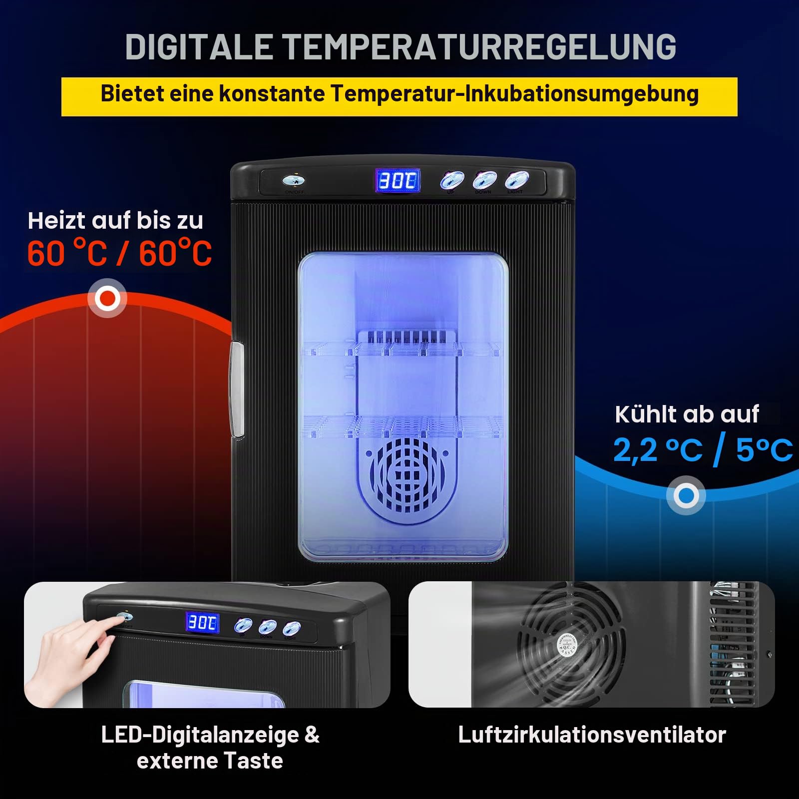 Inkubator 5°-60°C (36-140°F), 25 l, automatisches Brutgerät mit konstanter Temperatur für Reptilien oder Amphibien