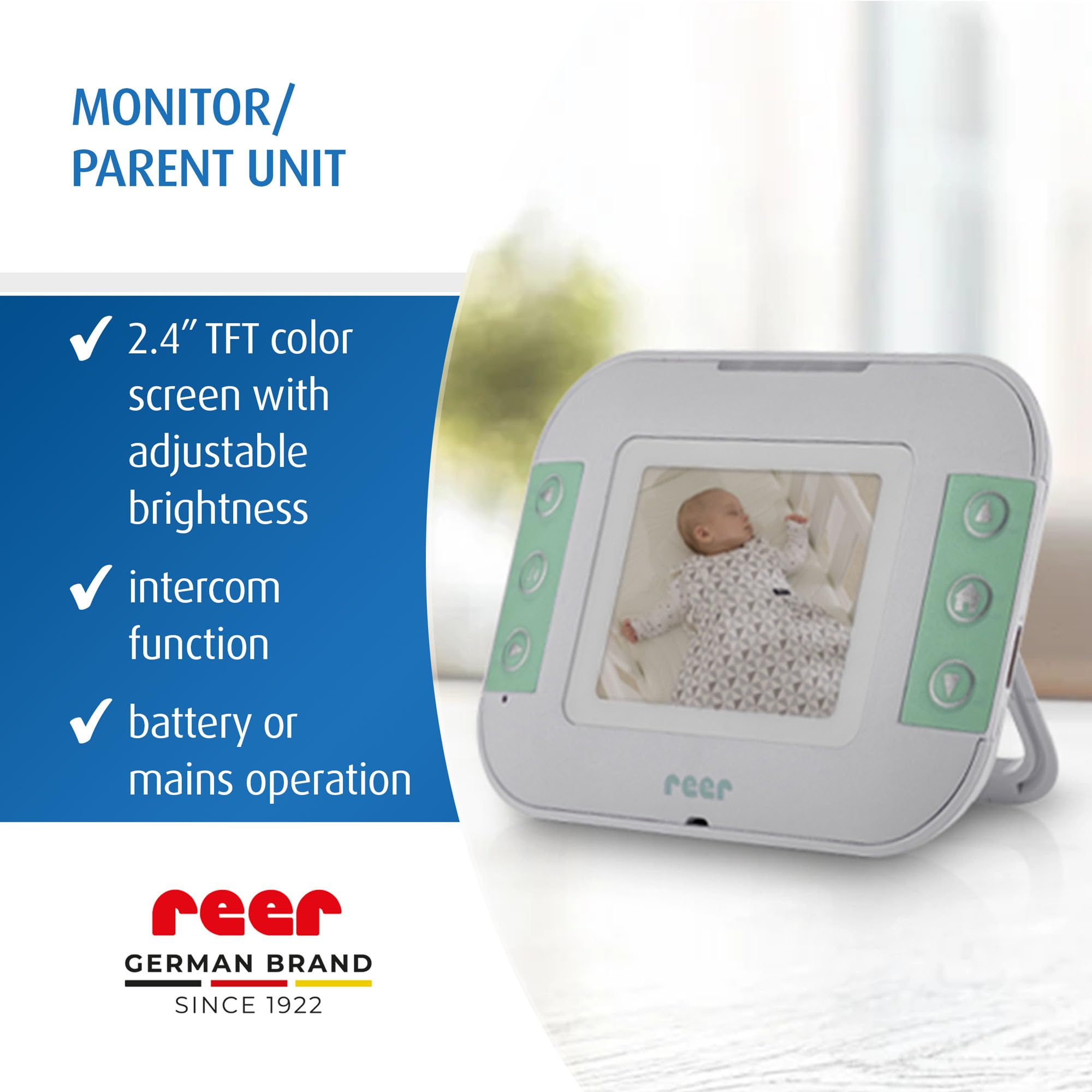reer BabyCam S - Babycam S - Babyphone vidéo numérique - Technologie FHSS Anti-écoute - Portée de 300 m - Vision Nocturne - Fonction interphone - Berceuses intégrées