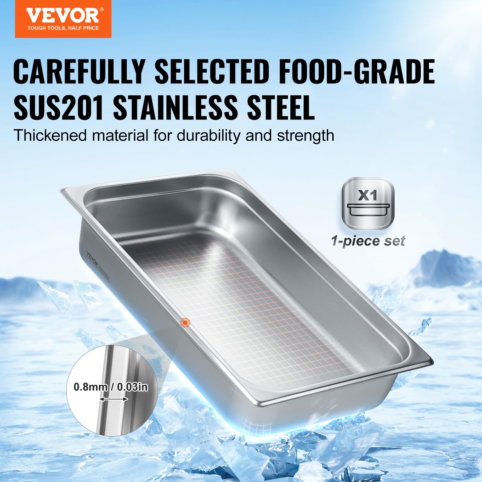 VEVOR Bac Gastronorme GN 1/1 13,9 L, Récipient Inox pour Bain-marie 0,8 mm d'Épaisseur, Bac Inox Alimentaire 10,7 cm Profondeur, pour Fours à Convection, Réfrigérateurs, Stockage, Restauration
