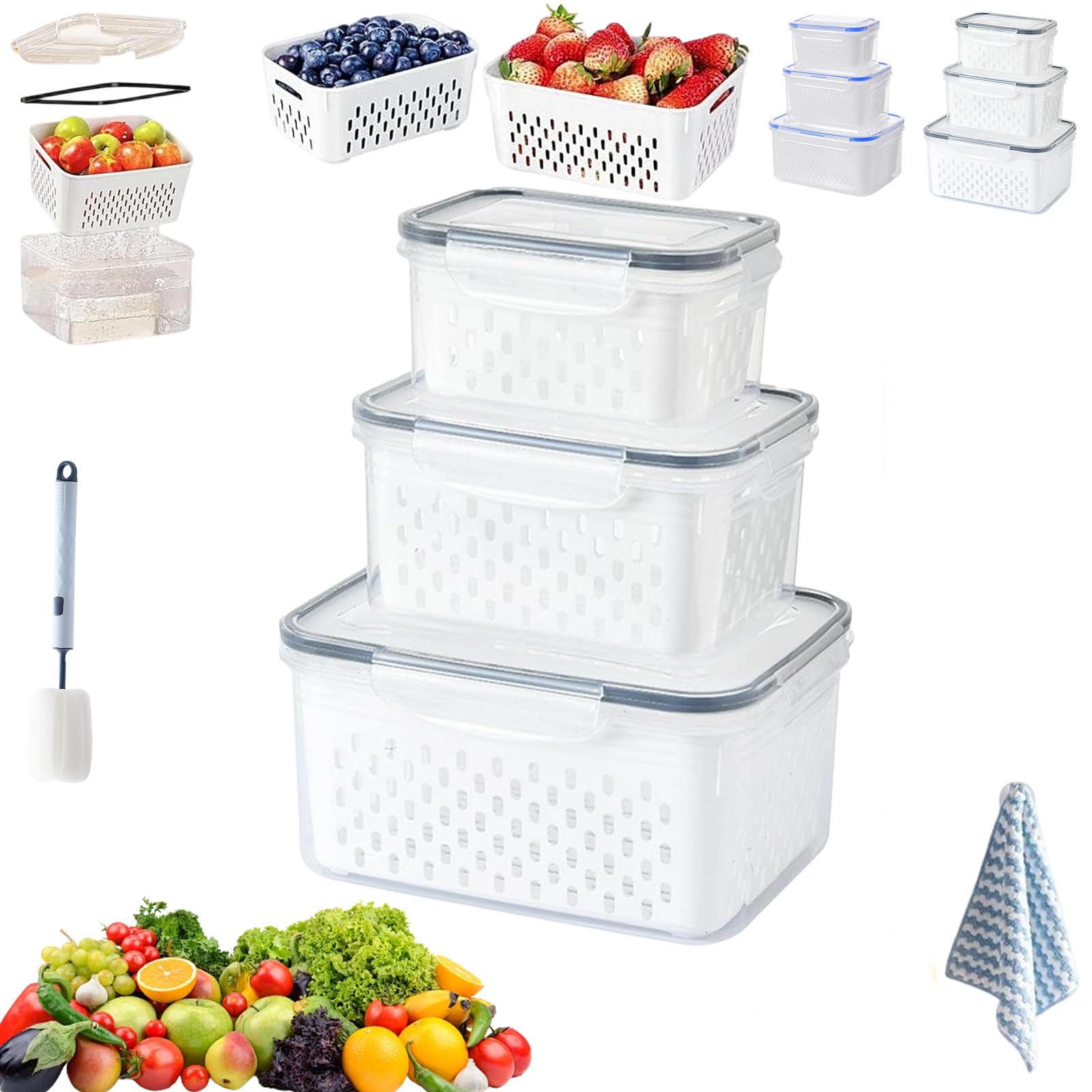 Pnedeodm 3Pcs-Grey 4 In 1 Food Storage Container, Airtight Fruit And Vegetable Storage - Including Drain Basket, Household Transparent Plastic Storage Box With Removable Colander For Fridge (3Pcs-Grey)