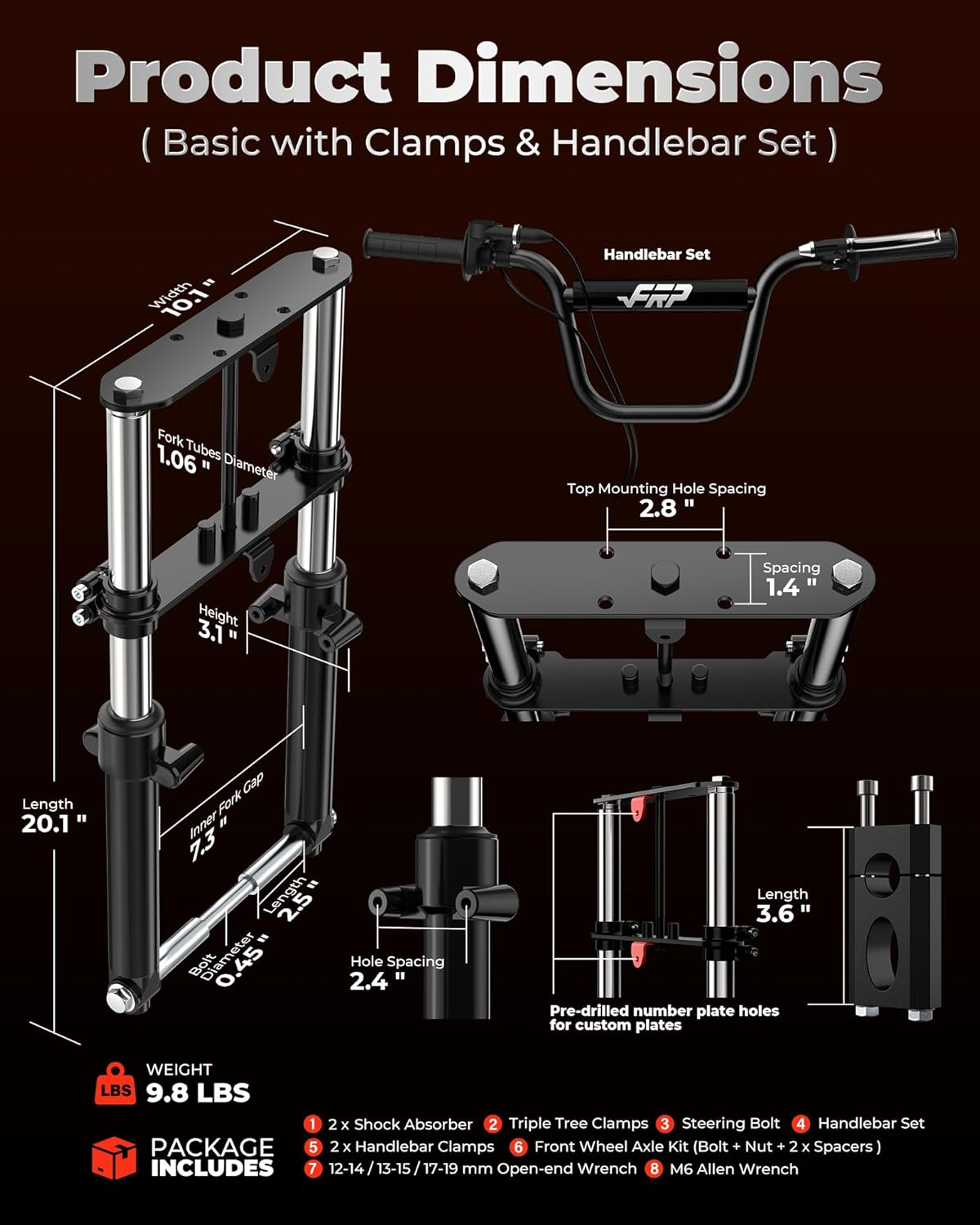 FRP Mini Bike Suspension Front Fork, Compatible with Monster Mega Moto MMB80 MMB105 80cc 105cc Motovox MBX10 MBX11 Coleman CT100U Baja DB30, 10 Years Warranty, with Handlebar & Clamps, Black