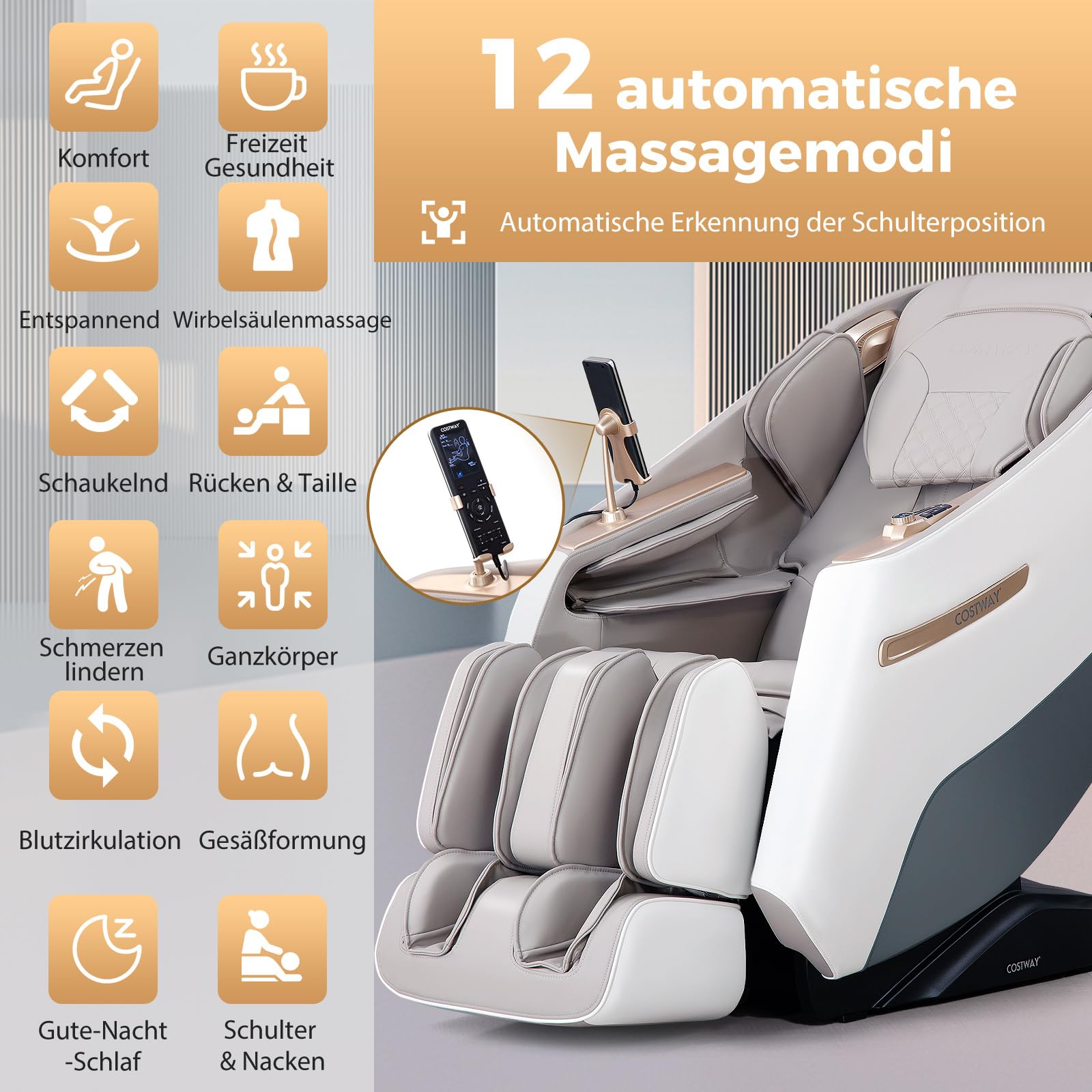 COSTWAY Massagesessel, Zero Gravity SL Track Shiatsu Massagestuhl Heizung & Luftdruckmassage, Ganzkörpermassagesessel mit 12 Automatik-Modi & Fernbedienung, Elektro Relaxsessel für Zuhause (Weiß)