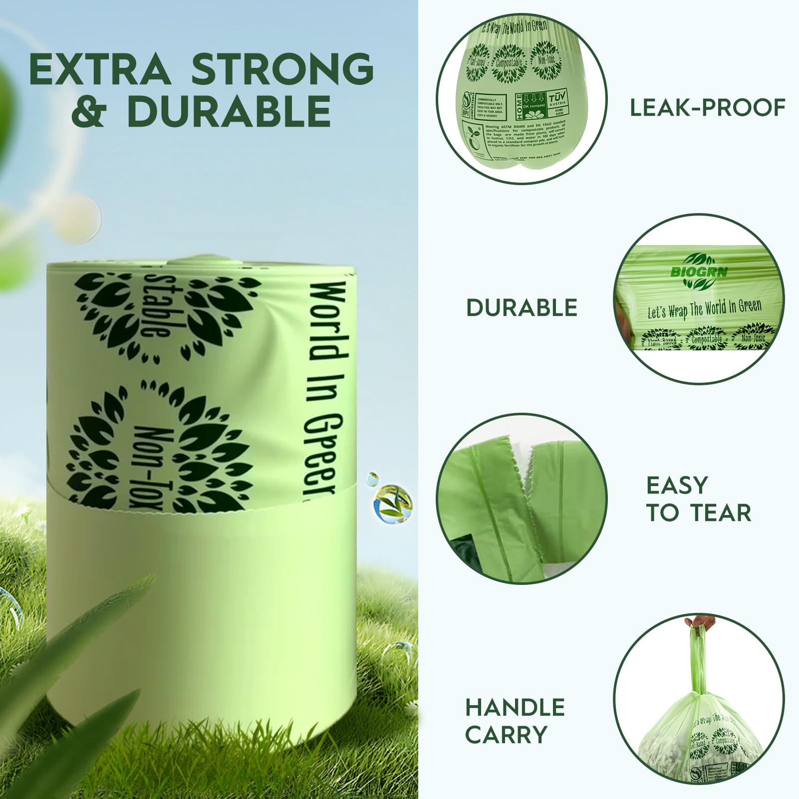 Bolsas de basura compostables de 1.6 galones con asas, 0.6 mil, 6.06 litros, 50 unidades, pequeñas bolsas de residuos de alimentos de cocina, ASTM D6400, US BPI y OK Compost Home Certified