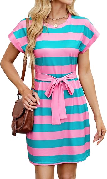 jinghuiyue Womens Striped Tshirt Dress Summer Crew Neck Cap Sleeve Casual Mini Dress with Waistband