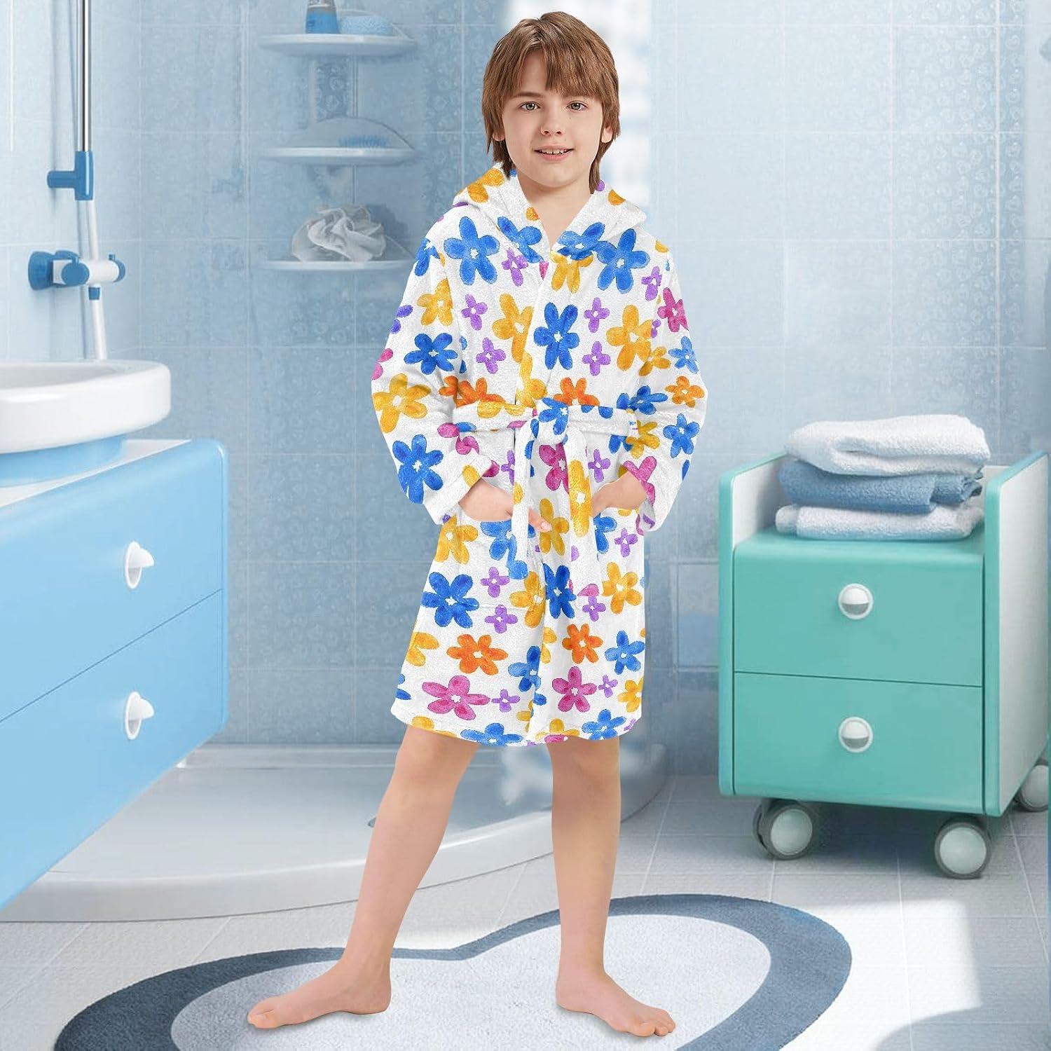 Flower Color Cute Simple Pattern Toddler Hooded Bathrobe for Boys Girls Soft Plush Bath Towel Robe 2-12 Years