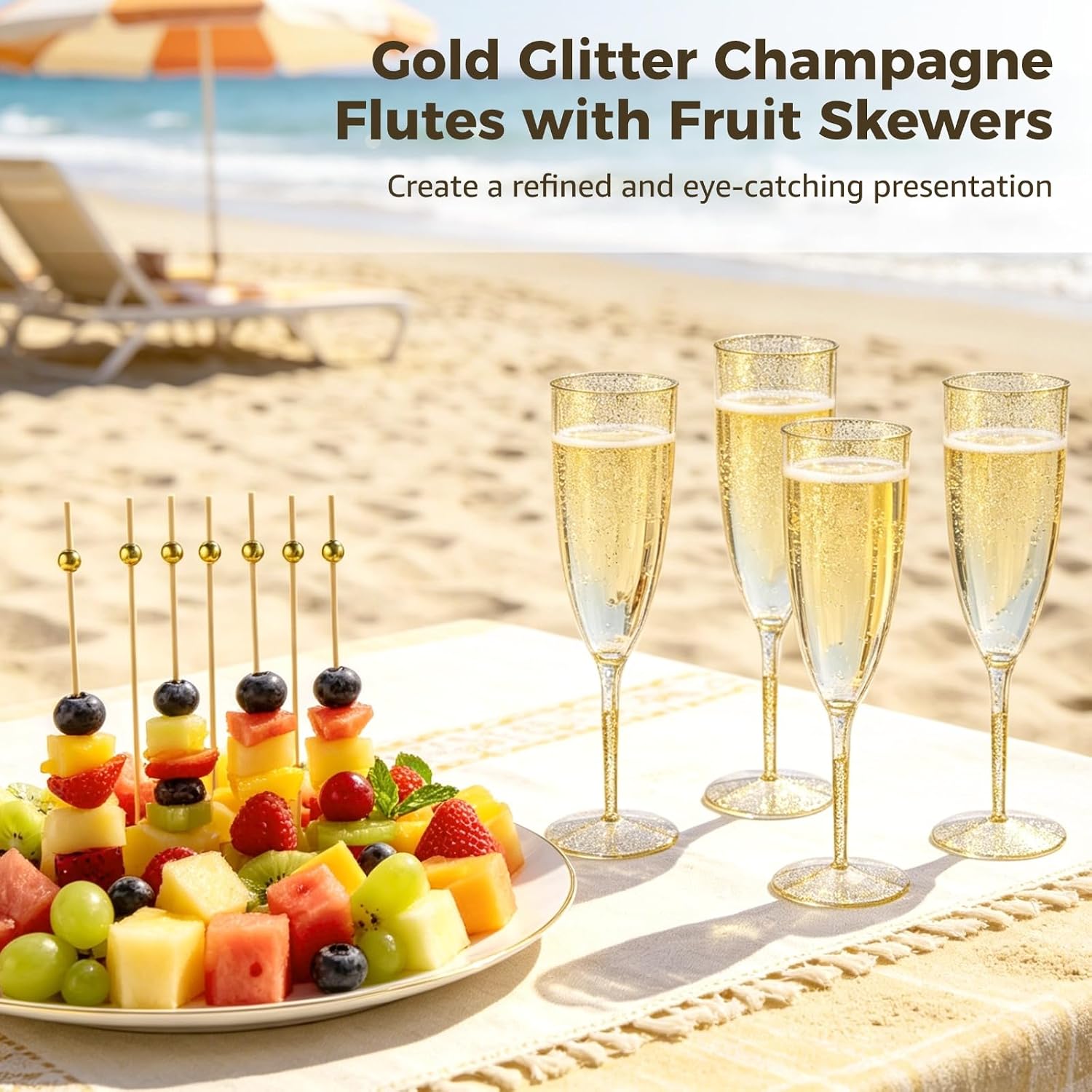 Lnrueg 36 Pcs Gold Glitter Champagne Flutes with 50 Fruit Skewers, 6 oz Disposable Plastic Drinking Glasses, Clear Fluted Stemware for Weddings, Parties, Celebrations, Bridal Showers, Birthdays