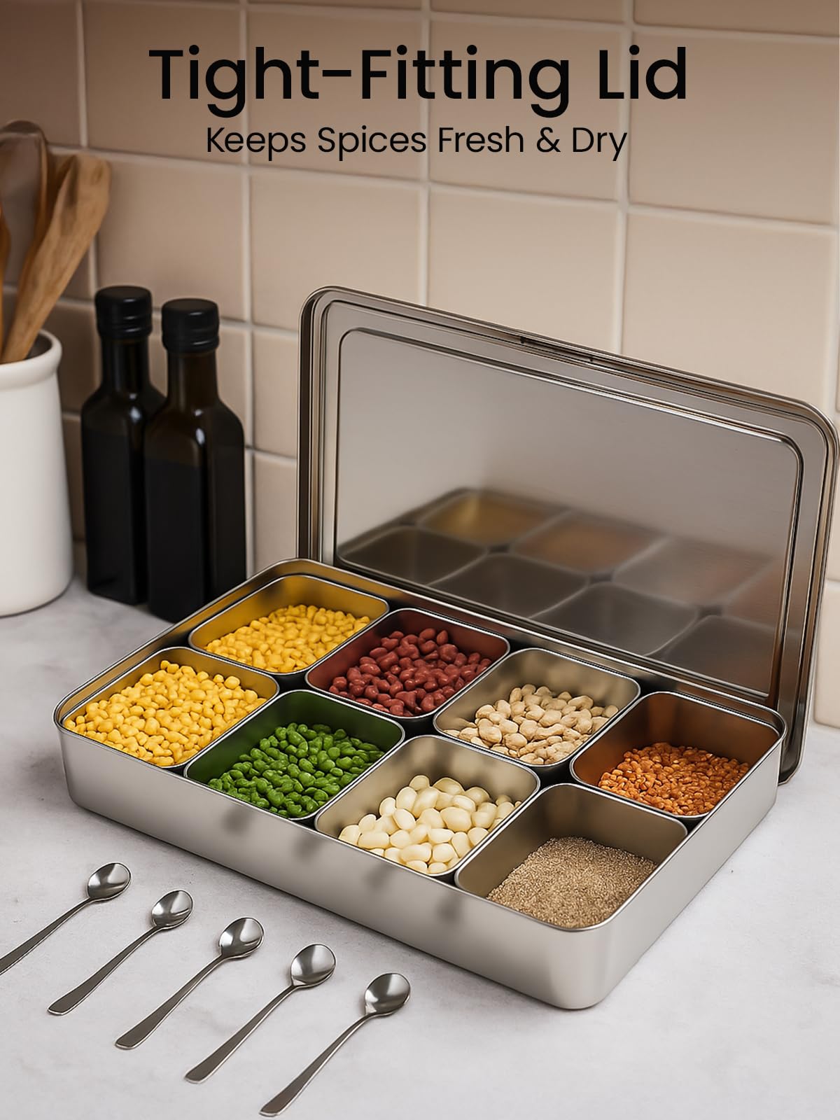 Bandeja para especias, contenedor de almacenamiento de condimentos de acero inoxidable con 8 compartimentos extraíbles, organizador de almacenamiento para condimentos de cocina del hogar con tapa y