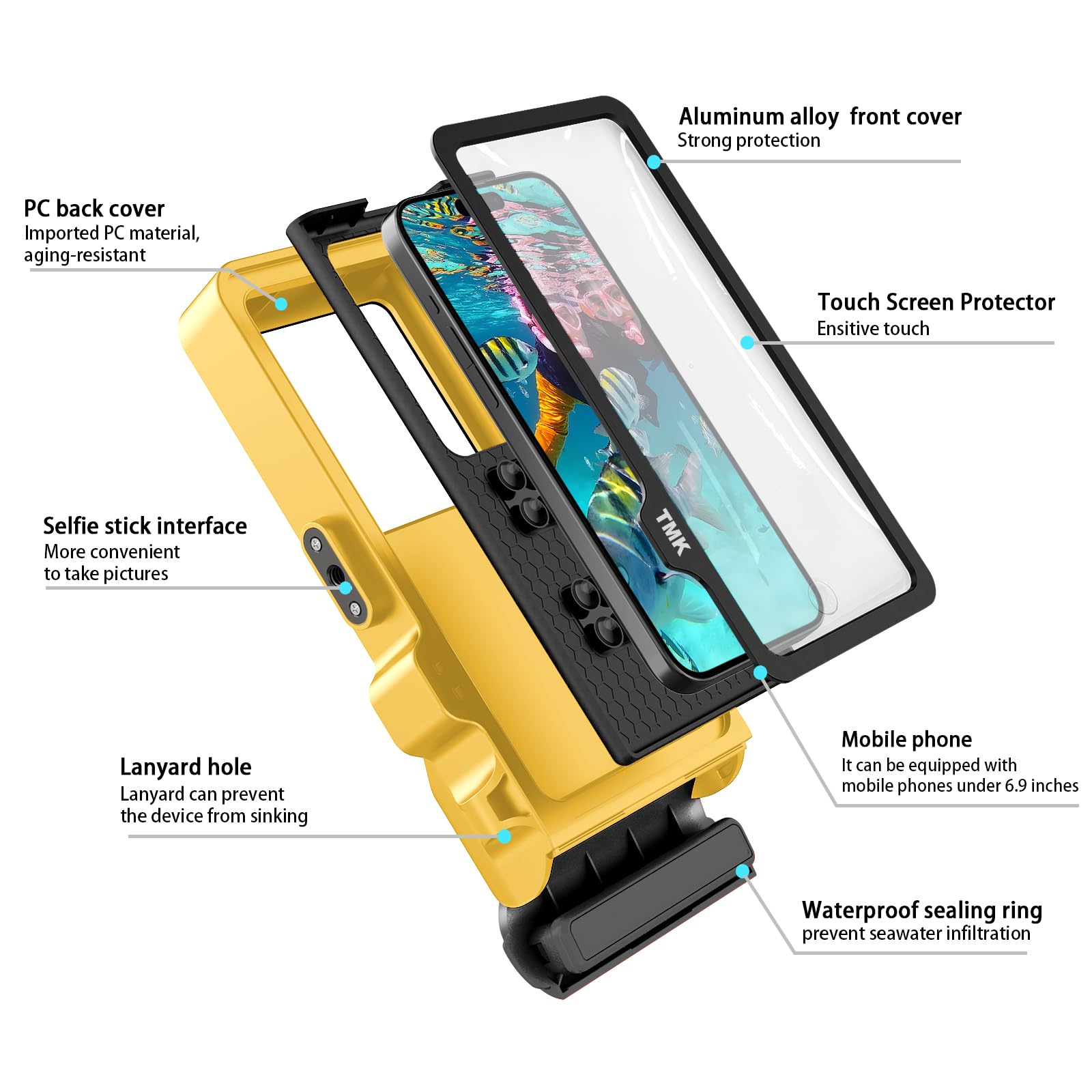 Funda universal impermeable para teléfono con pantalla táctil subacuática para esnórquel, IP68 buceo profesional bajo el agua [15 pies] funda para iPhone 15 14 13 12 11 Pro Max Plus XS XR (amarillo,