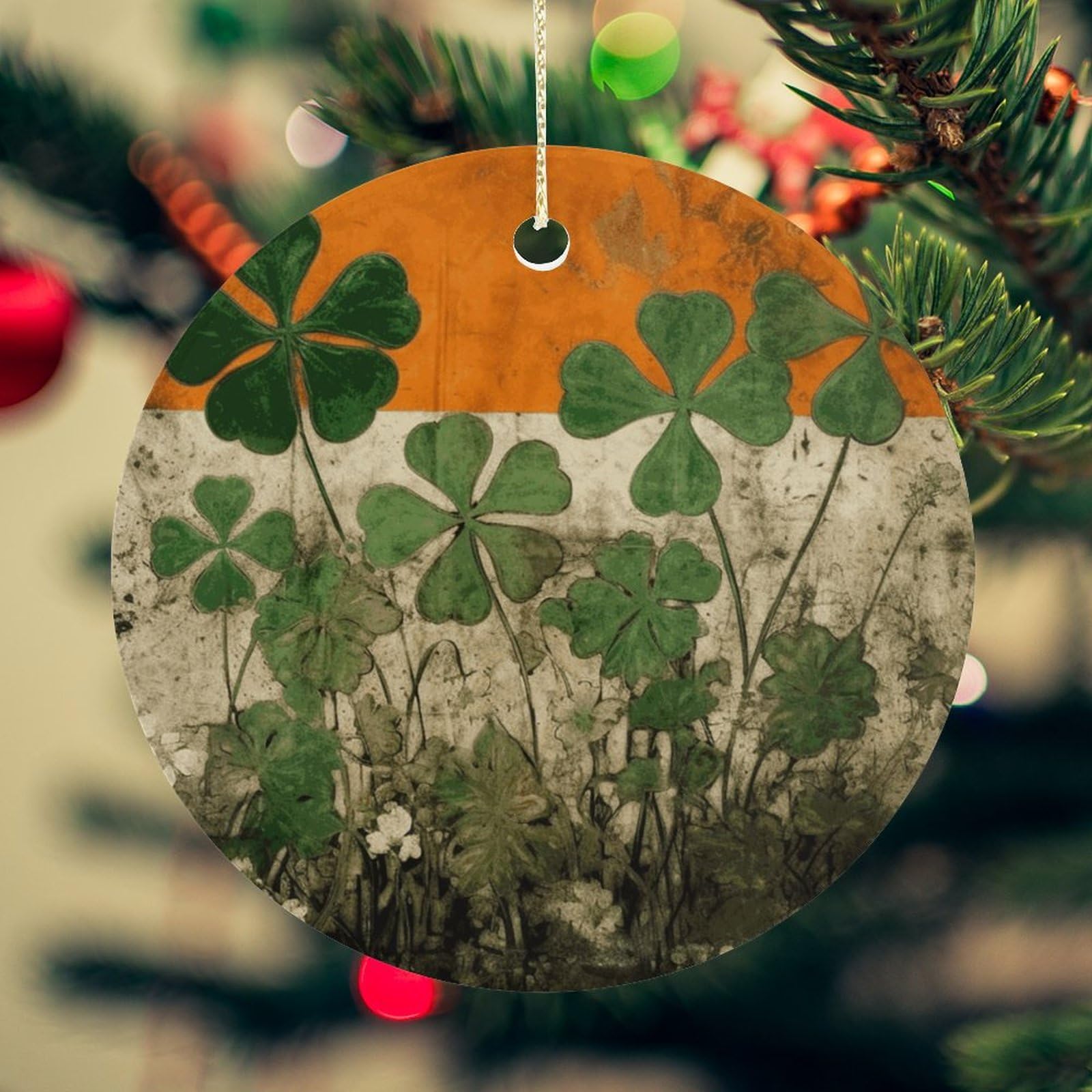 Clover on Flag Background Christmas Ornament for Christmas Tree Ceramic Round Ornament Winter Holiday Keepsake Gift 2.7" Christmas Tree Hanging Decorations Circle Ceramic Pendant Xmas Gift