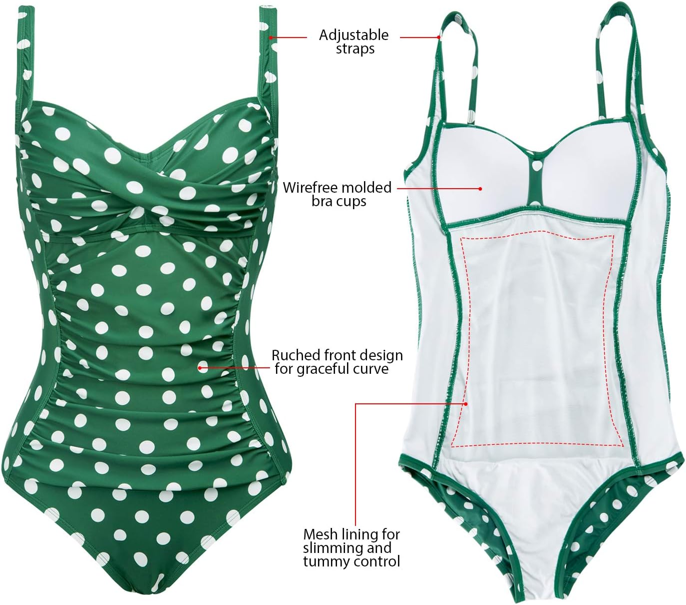 Joyaria Womens Retro One Piece Swimsuit Tummy Control Slimming Bathing Suit Ruched Swimwear(Size 6-24w)