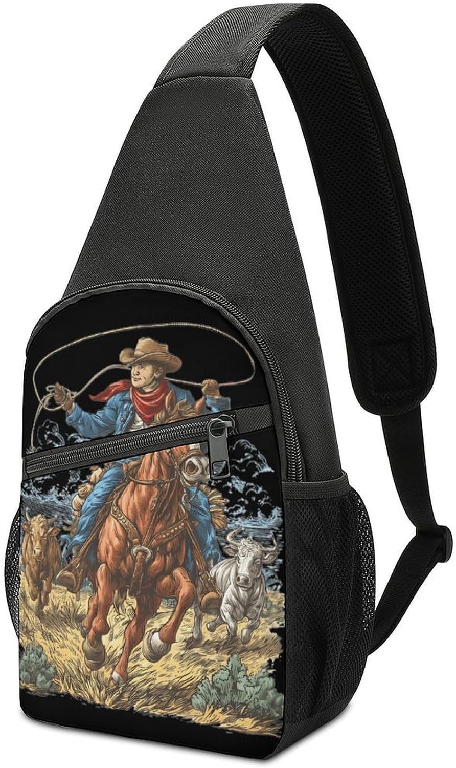 Cowboys on Horseback Crossbody Sling Backpack Chest Bag Daypack | unisex,trendy,with convertible and detachable shoulder strap,side pockets