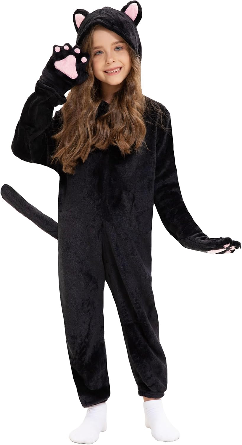 Cat Costume Kids Halloween Animal Onesie for Girls Boys Medium(7-8 Years) Black Cat