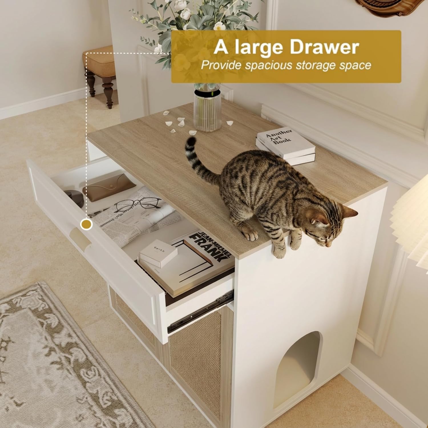 Open drawer on the cat litter enclosure showing storage space