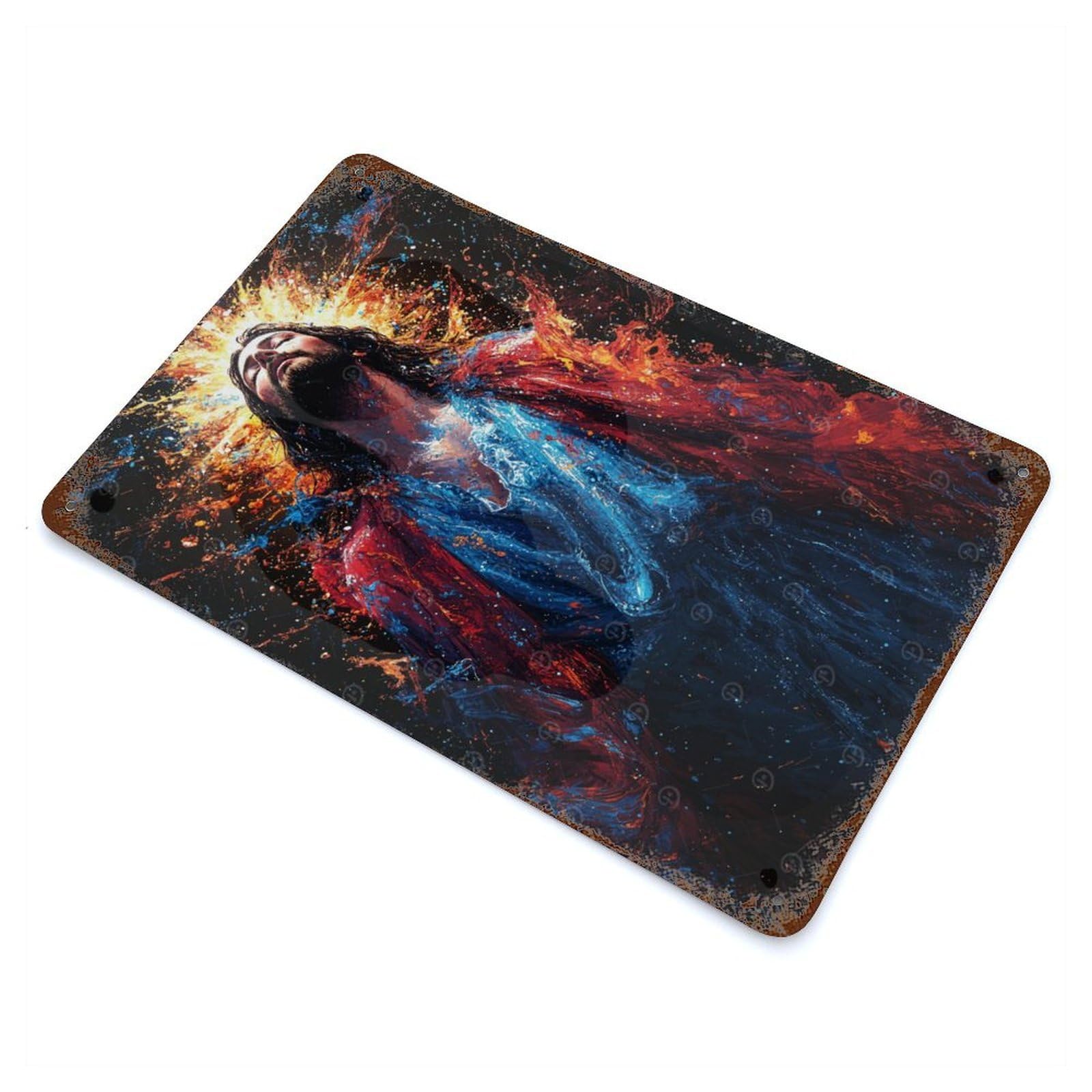 Jesus in Paint Splatter Vintage Wall Sign 11.8"x7.9", Rust Effect Metal Decor for Bistro, Counter And Cafe Decor