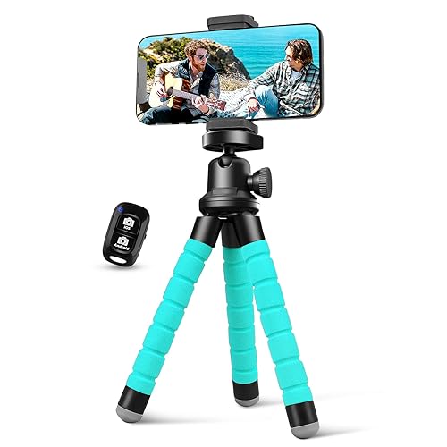 Aureday Phone Tripod, Flexible Tripod for iPhone and Android, Portable with Wireless Remote and Clip for Video Recording/Vlogging/Selfie (Blue)