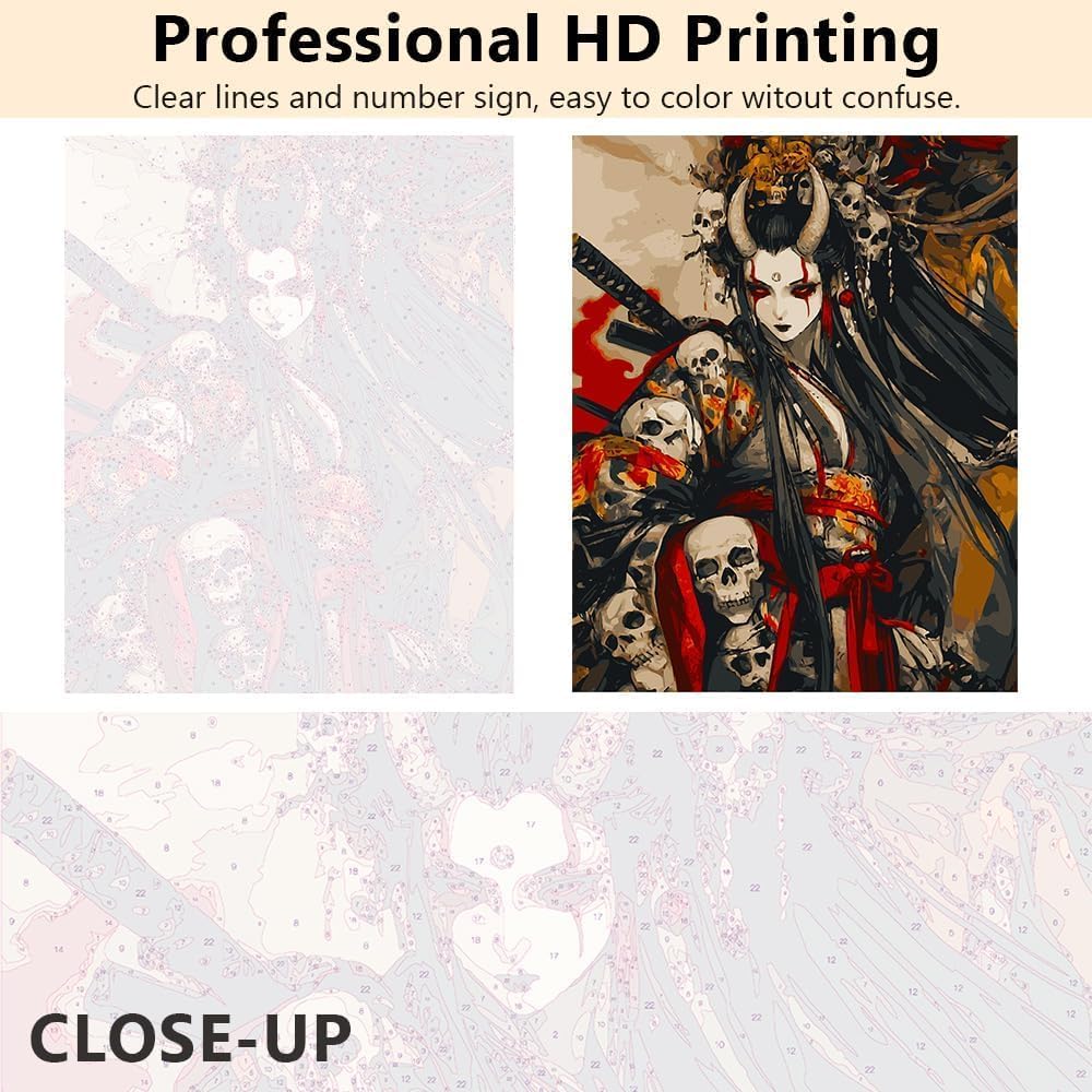Rebotipy Paint by Numbers Kits for Adults Skull and Girl Paint by Numbers Anime Style Female Warrior Painting Artwork Cool Girl Painting Crafts Kits with Brushes Canvas Wall Art 16x20 (Framework)