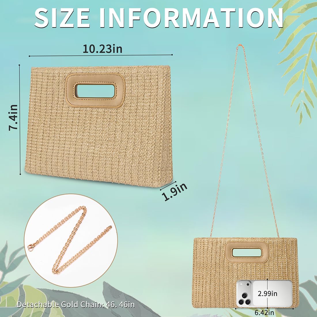 Beach Clutch Bag Straw Summer Clutch Purses for Women Handmade Woven Purse Detachable Gold Chain, Crossbody - 5