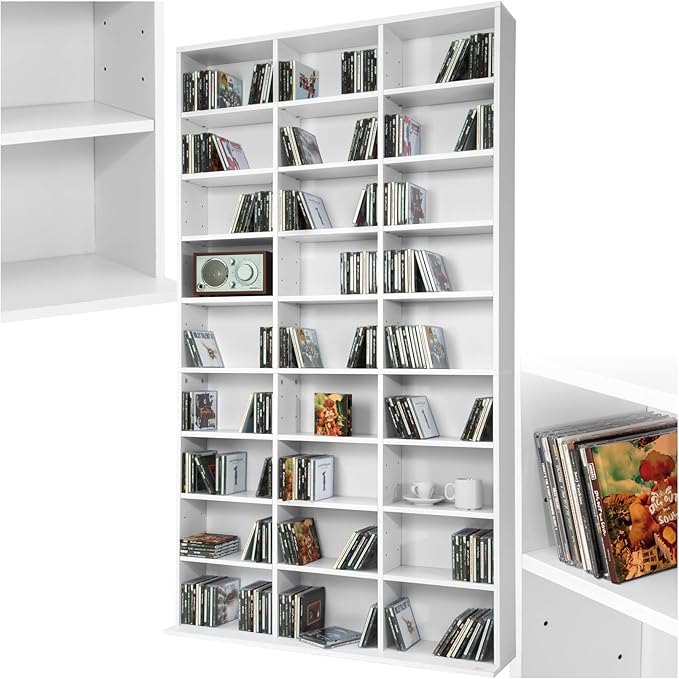 tectake® Wall Shelf for CD/DVD, Storage 1080 CDs, 27 Shelves, Easy to Assemble, Stable, MDF Wood, Metal, Bookcase, Wall Shelf, Living Room Furniture – White