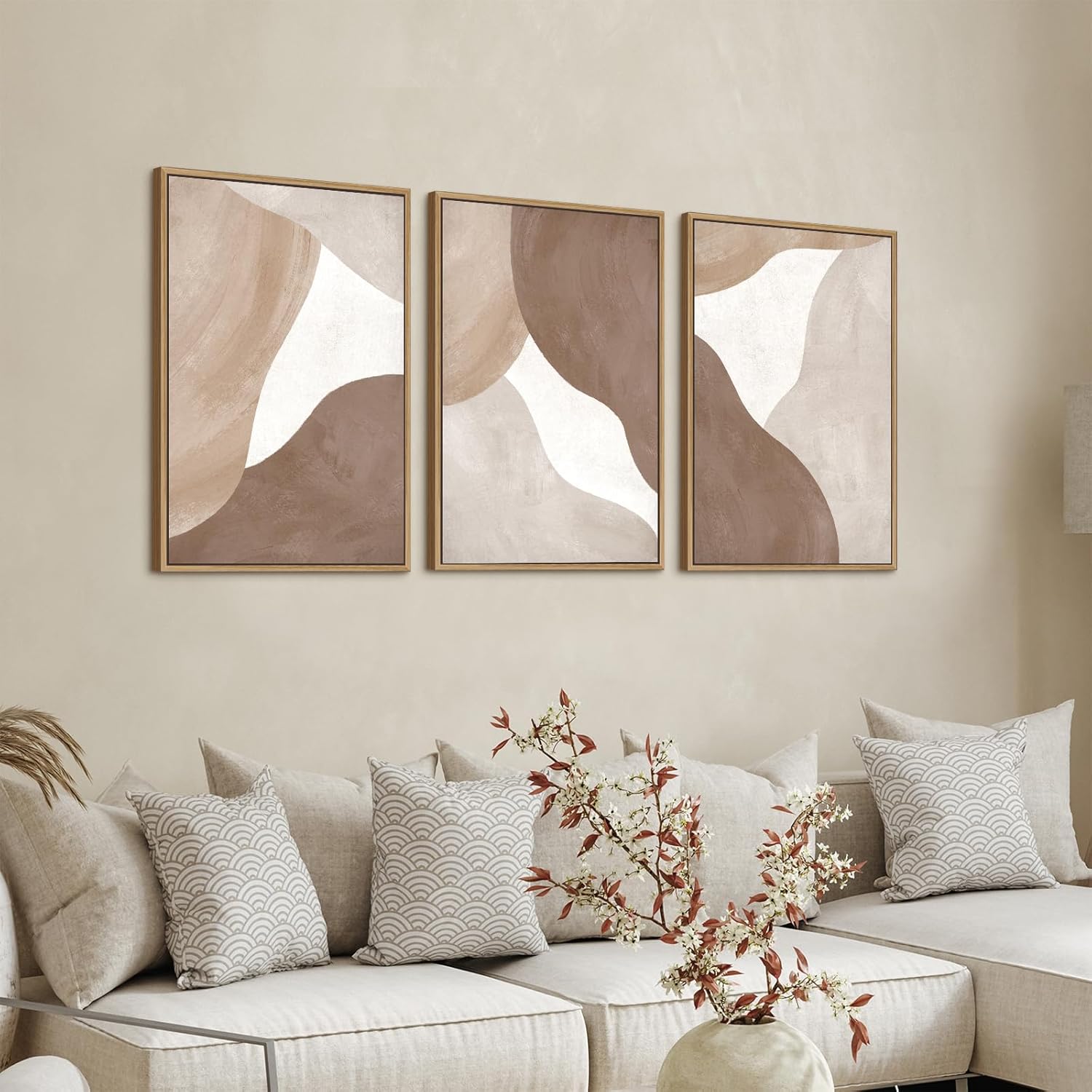 Minimalist Abstract Boho Wall Art - Natural Framed Abstract Canvas Picture Canyon Painting Cliff Artwork Modern Geometric Canvas Prints for Home Office Wall Decor 16" x 24" * 3 Tan Brown Beige