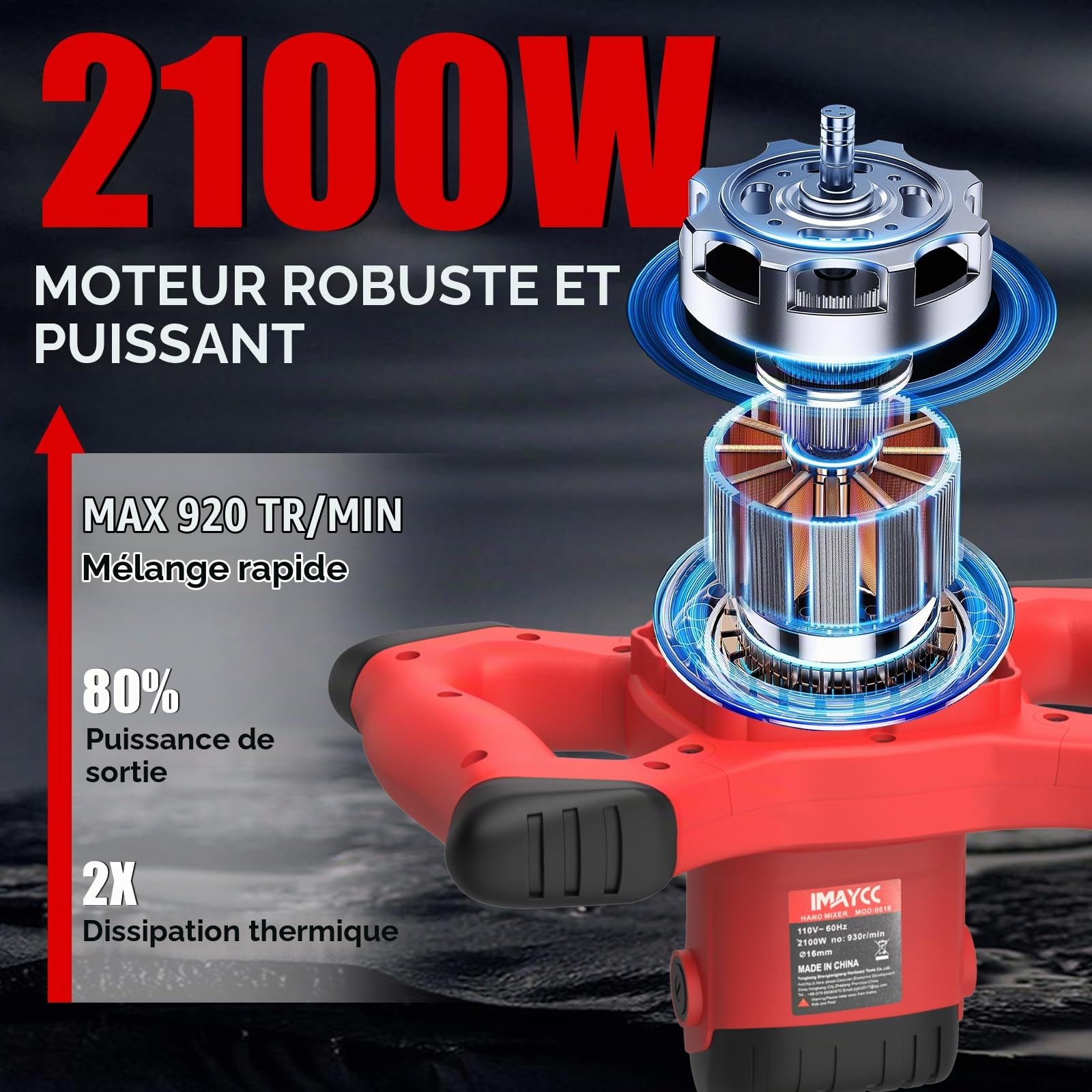 IMAYCC Malaxeur Mortier Colle 2100 W, Malaxeur Beton 220V, Melangeur Beton Avec 6 Vitesses, Betonniere Électrique, Idéal Pour Mélanger les Aliments, le Plâtre, la Peinture, le Ciment, le Mortier, Etc