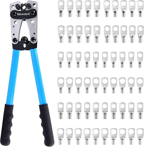 Newdeli Herramienta de prensado de terminales de cable de batería 10-10 AWG con 60 terminales de anillo de cobre, juego de terminales de cable de 8