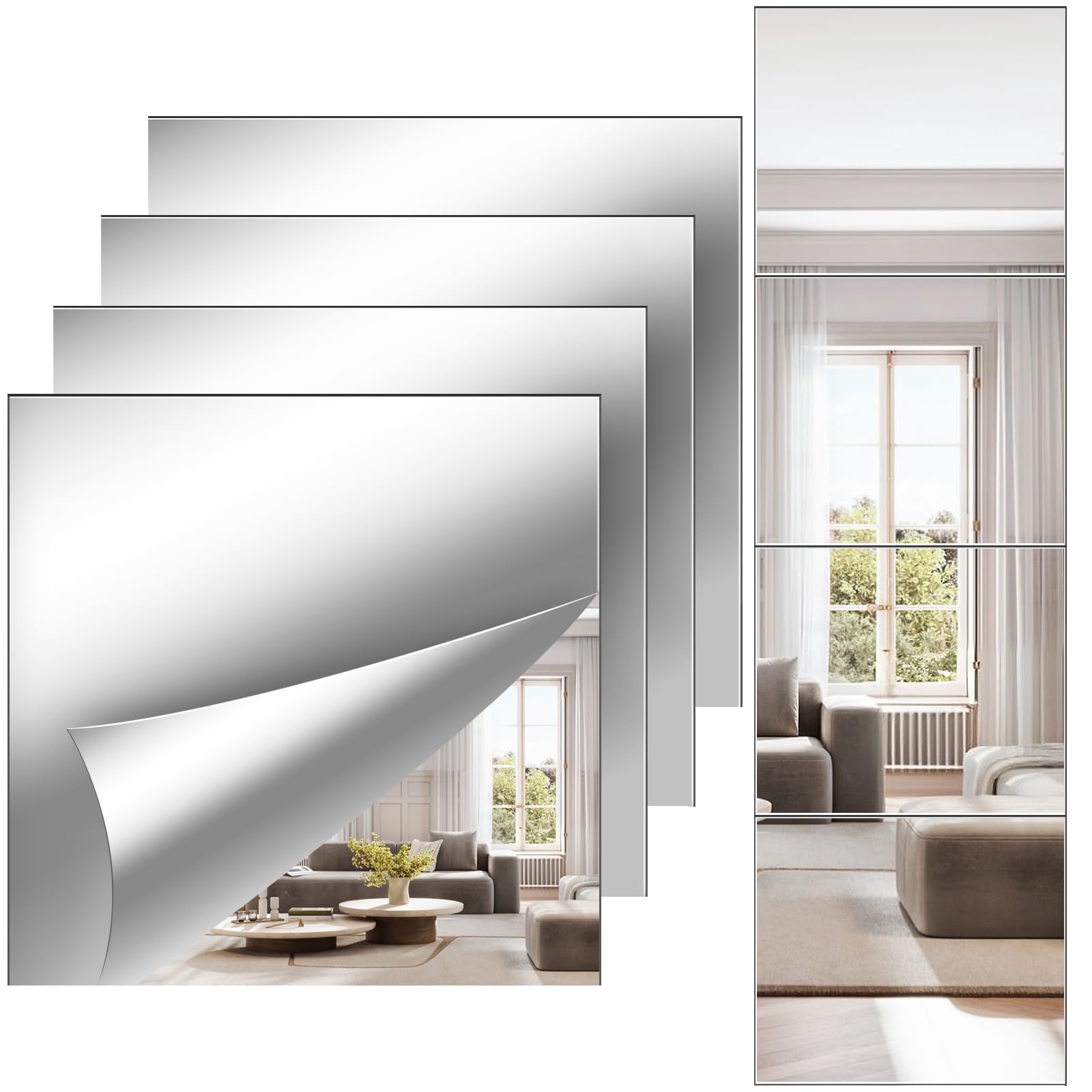 Full Length Wall Mirror Tiles, 12'' x 14'' x 4PCS, Acrylic Unbreakable Full Body Mirror for Bedroom Squares Shatterproof Mirror Sheets Wall Mounted for Home Gym Door