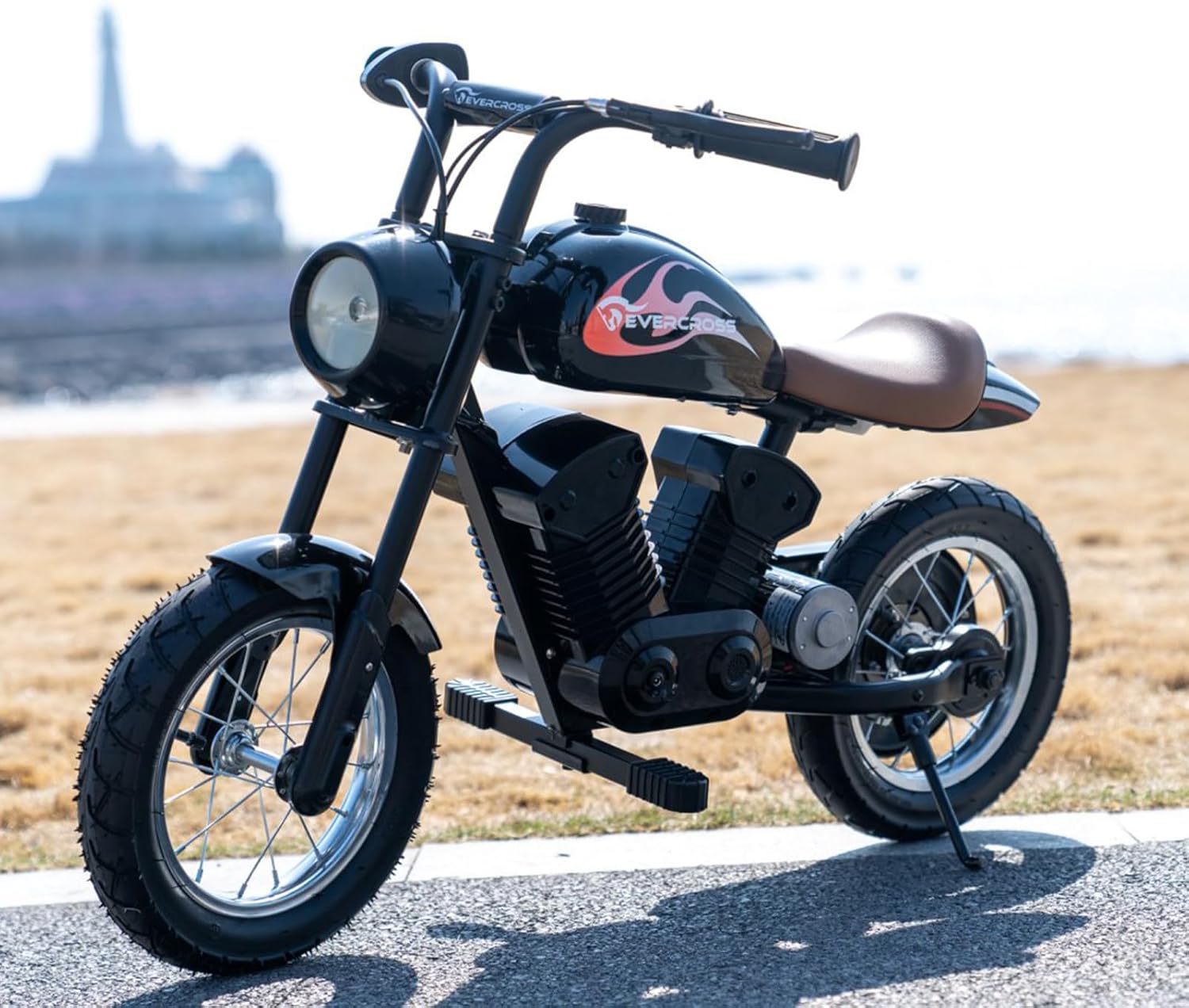 Side view of the assembled EVERCROSS EV08M electric motorcycle in black, parked on a paved surface with a distant coastline in the background.