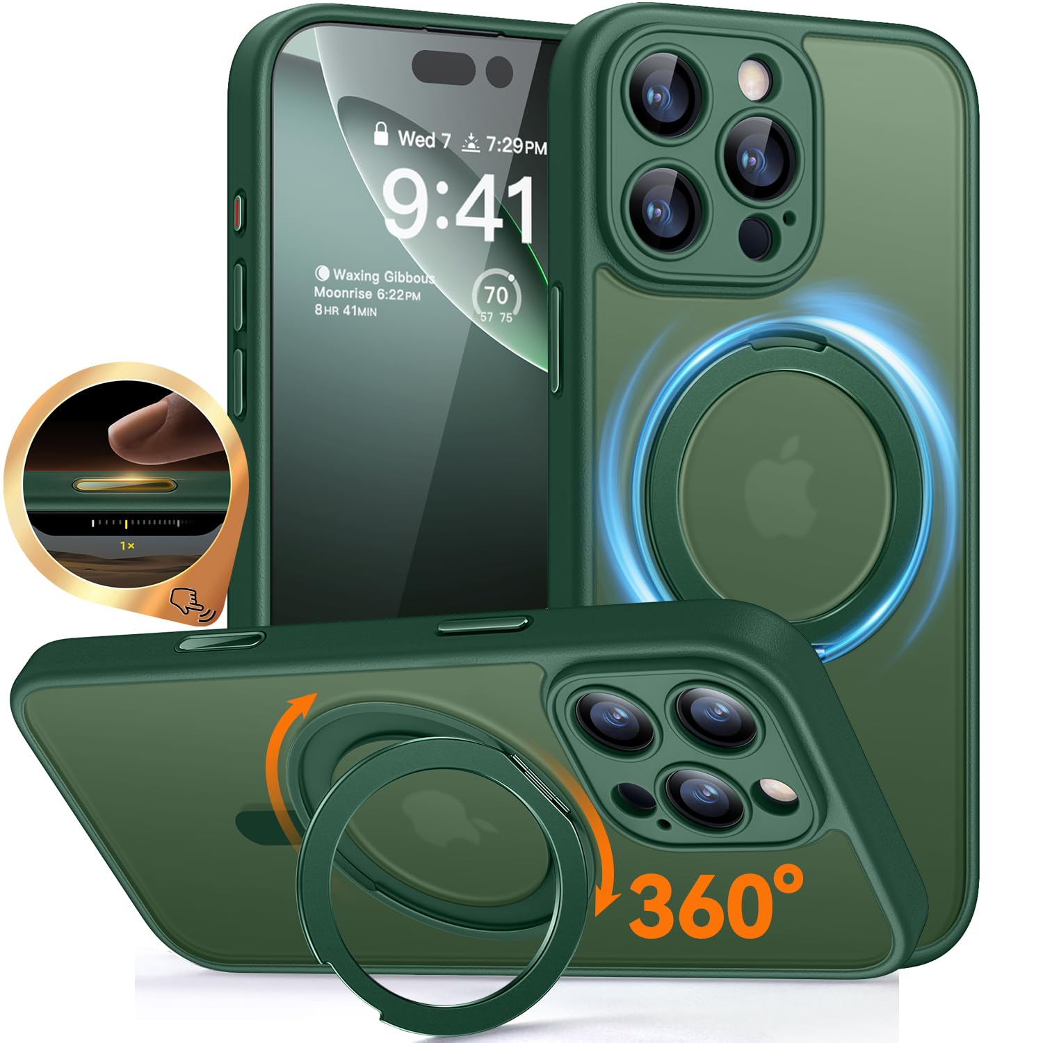 CANSHN 360° Spin Magnetic Stand for iPhone 16 Pro Case with Camera Control [Full Camera Protection] [Compatible with Magsafe] Translucent Matte Shockproof Protective Phone Cover 6.3" - Deep Green