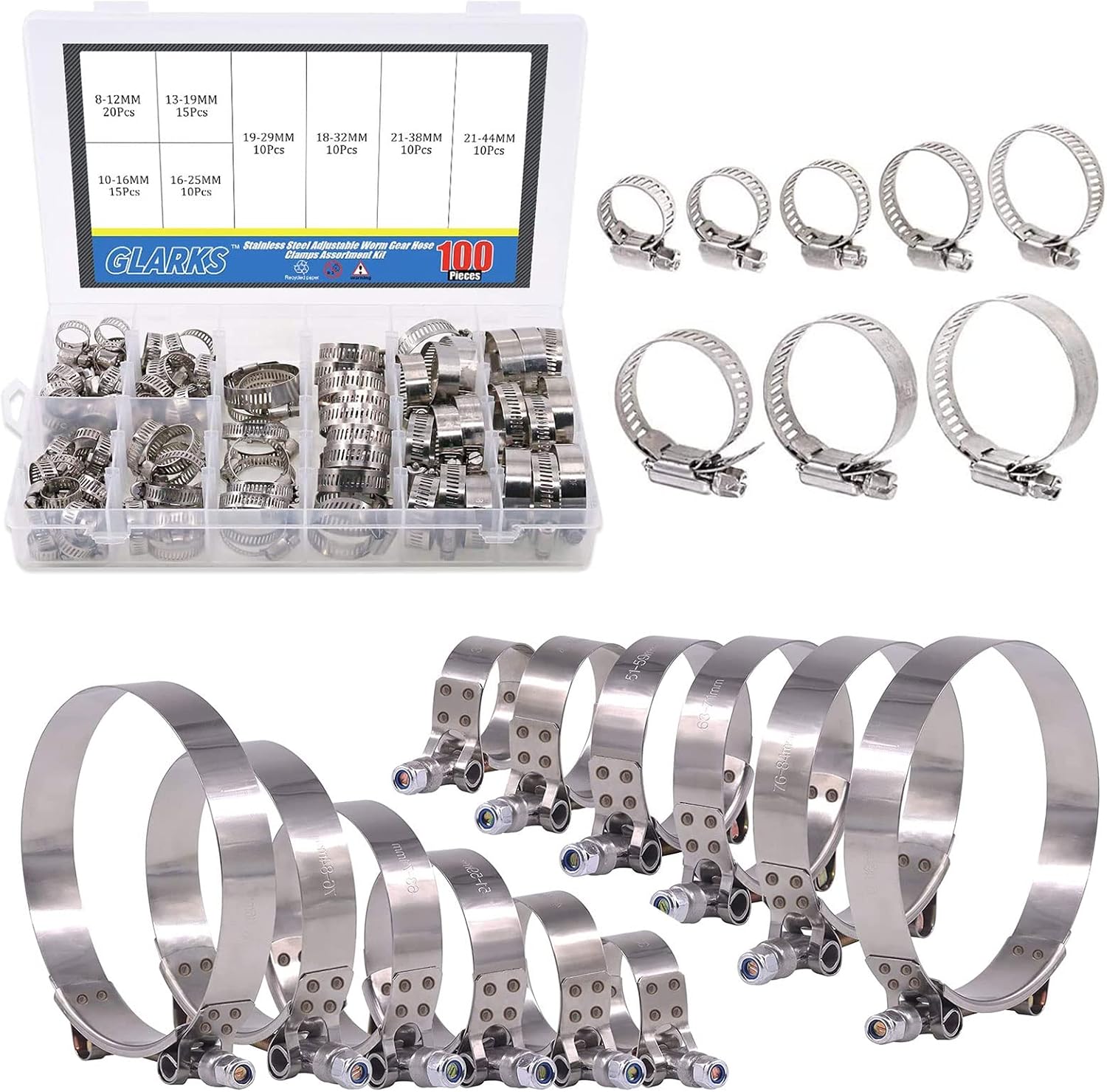 Glarks 100Pcs Adjustable 8-44mm Range 304 Stainless Steel Worm Gear Hose Clamps Assortment Kit + 12Pcs 6 Sizes 32-116mm Stainless Steel T-Bolt Hose Clamps