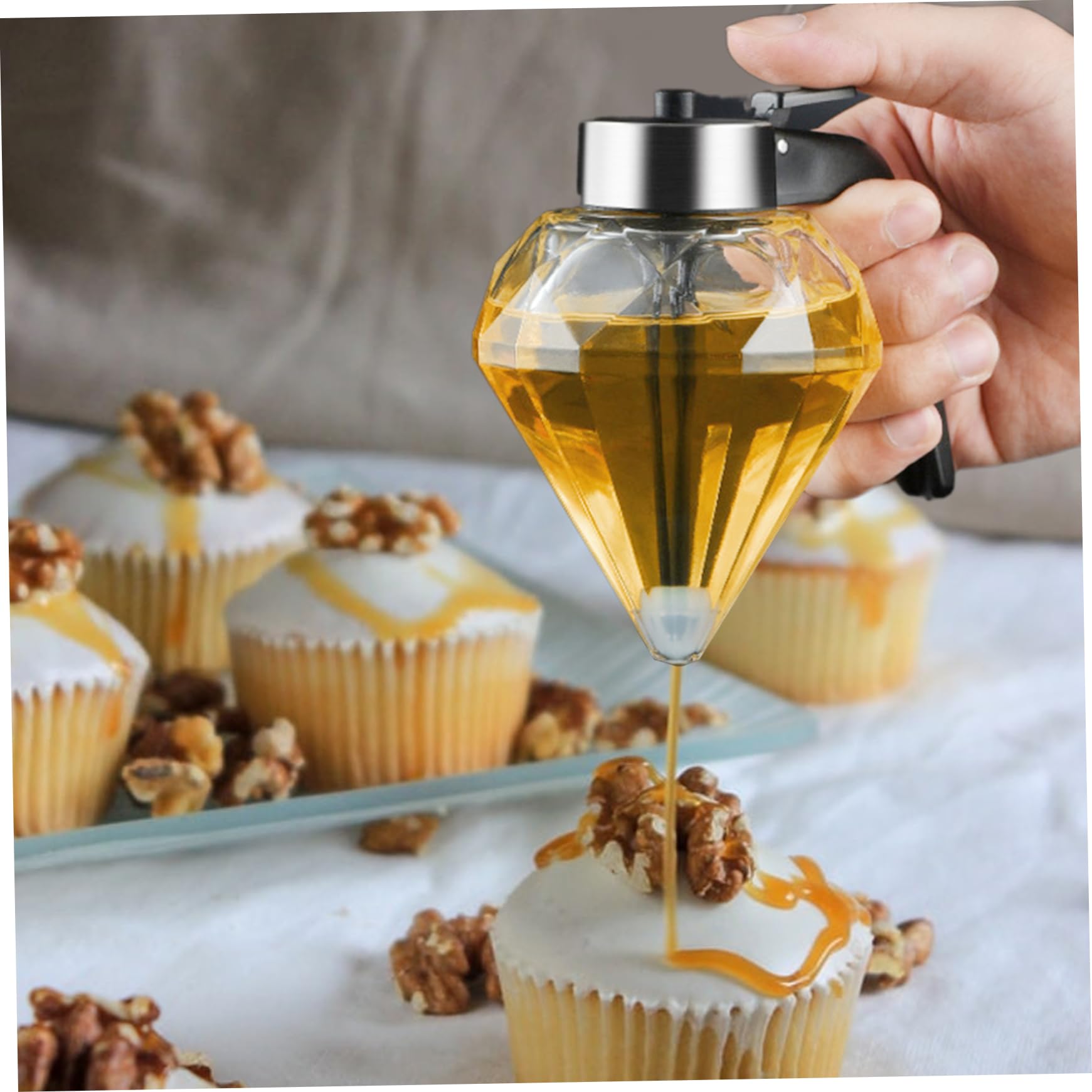 CUCUFA Glass Honey Dispenser No Drip with Stand, 200ml Clear Honey Jar, Press-Type Syrup Dispenser Honey Pot with Handle for Kitchen Tool, Glass Honey Dispenser