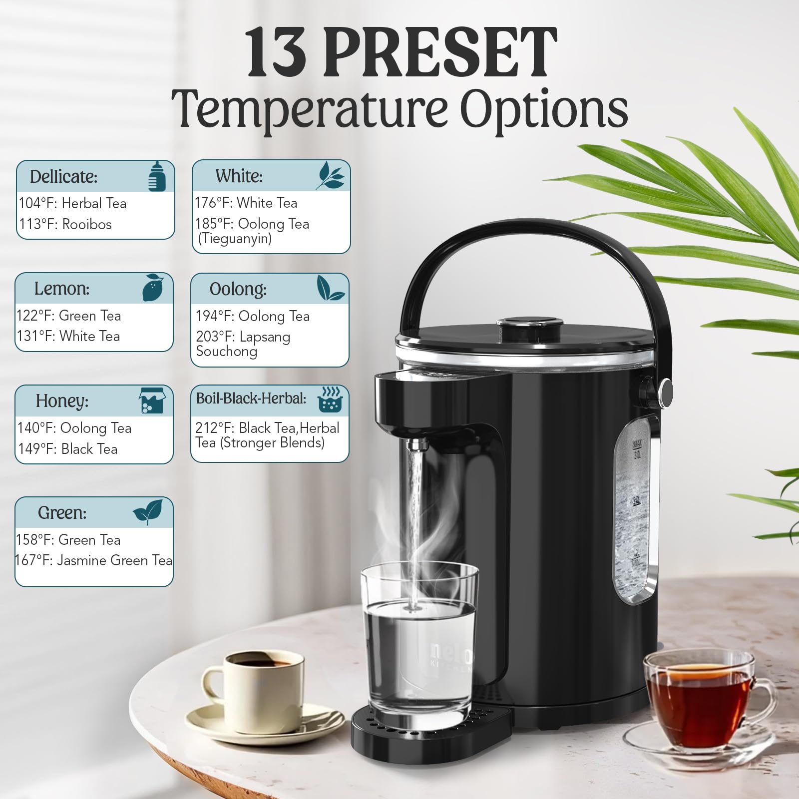NELO Instant Hot Water Dispenser – 3L Electric Kettle, Hot Water Boiler with Digital Temperature Control, 13 Temp Presets, Removable Tea Infuser, LED Display, 24 Hour Keep Warm, BPA-Free, ETL Listed