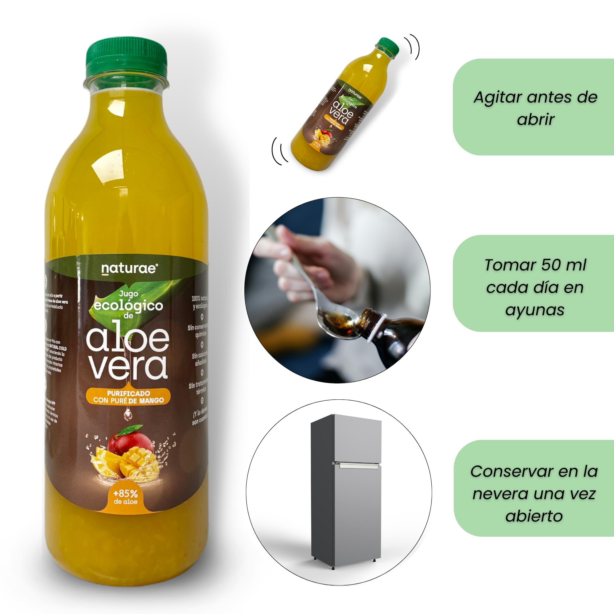 NATURAE Jugo Aloe Vera con Mango ecológico - 3 Recipientes de 1000 ml - Total: 3000 ml