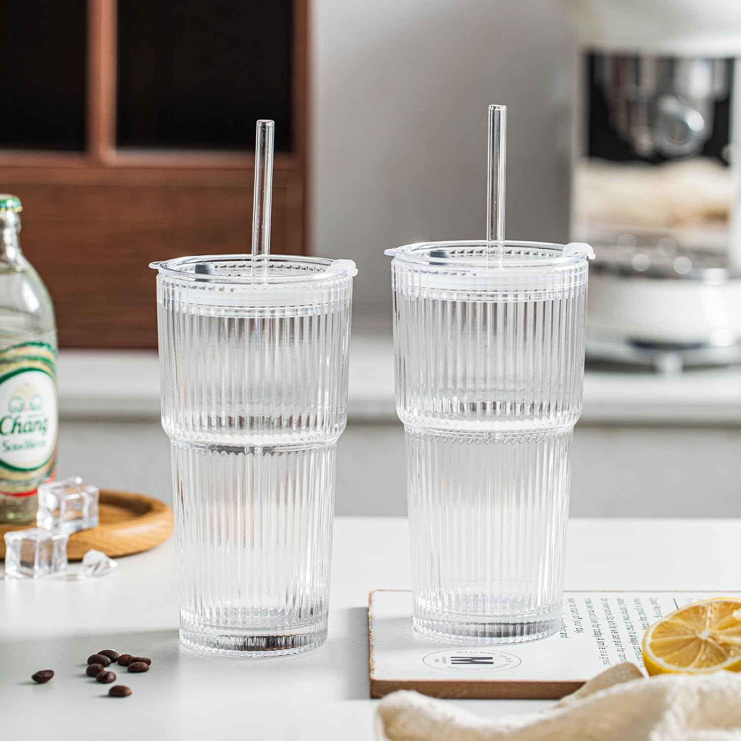 INSETLAN 20 oz Ribbed Glass Tumblers with Lids and Glass Straws – 2-Piece Glassware Set, Heavy-Duty Tumblers, Ideal for Iced Coffee, Smoothies, Cocktails, and Juices – Elegant and Durable Drinkware - Image 7