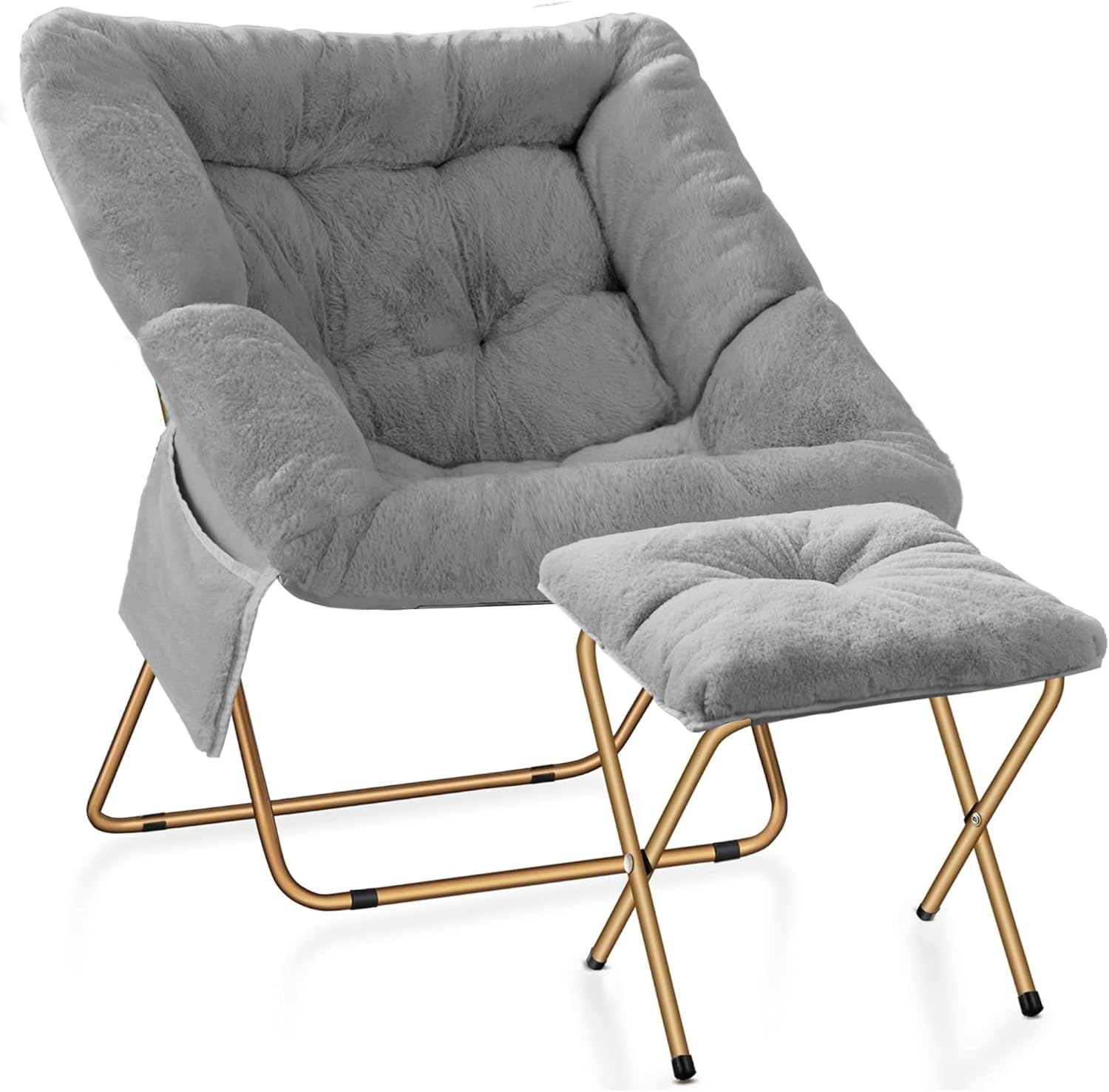 Comfy Saucer Chair for Adults, Foldable Living Room Chairs, Soft Faux Fur Lounge Chair for Bedroom, Reading Chairs, X-Large (Ottoman-Grey)