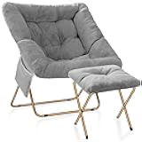 Osumlee Comfy Saucer Chair for Adults, Foldable Living Room Chairs, Soft Faux Fur Lounge Chair for Bedroom, Reading Chairs, X-Large (Ottoman-Grey)