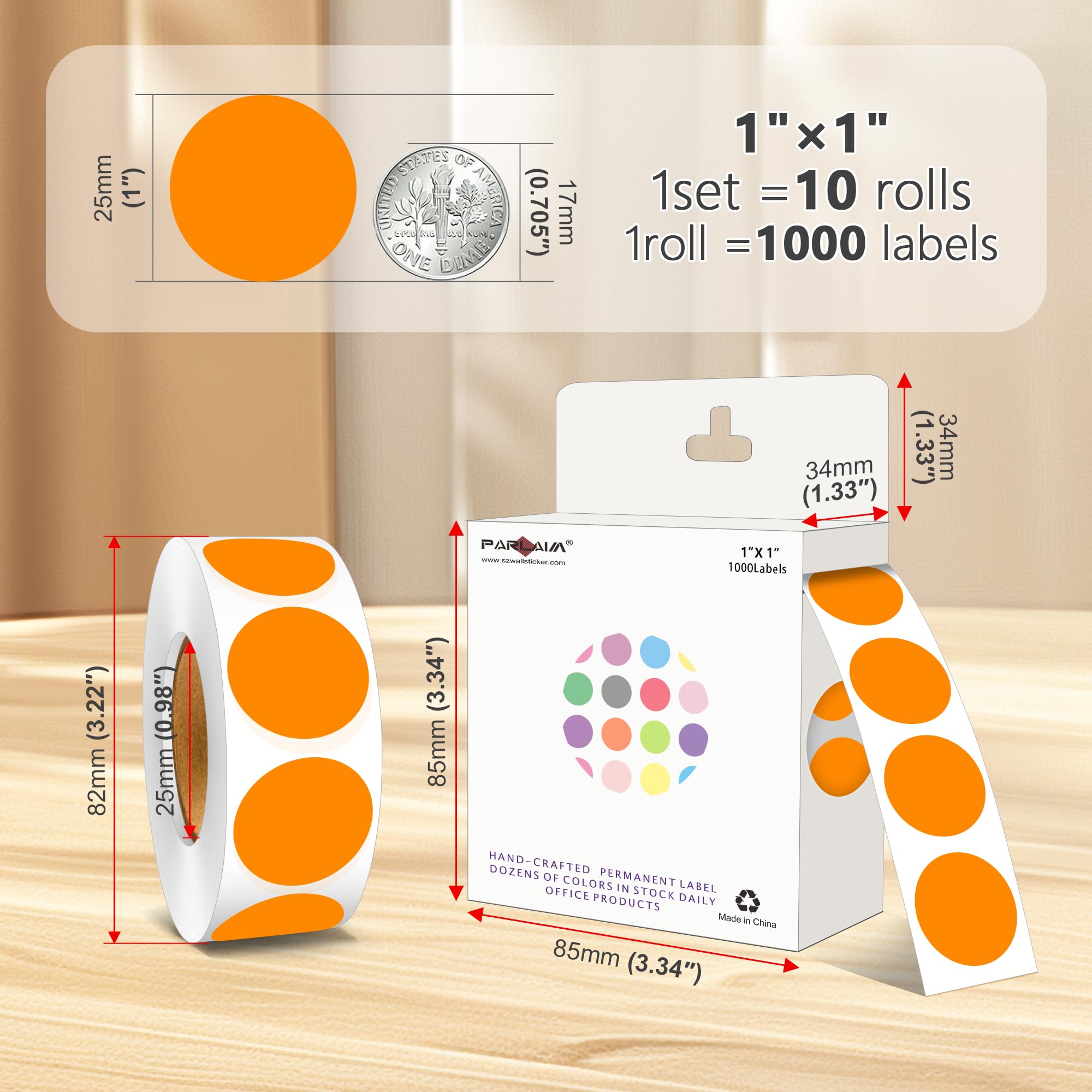 PARLAIM 10000 adesivi colorati a pois rotondi da 2,5 cm, etichette adesive per codifica a colori, per ufficio, classe, adesivi a pois arancioni, 10 rotoli/confezione